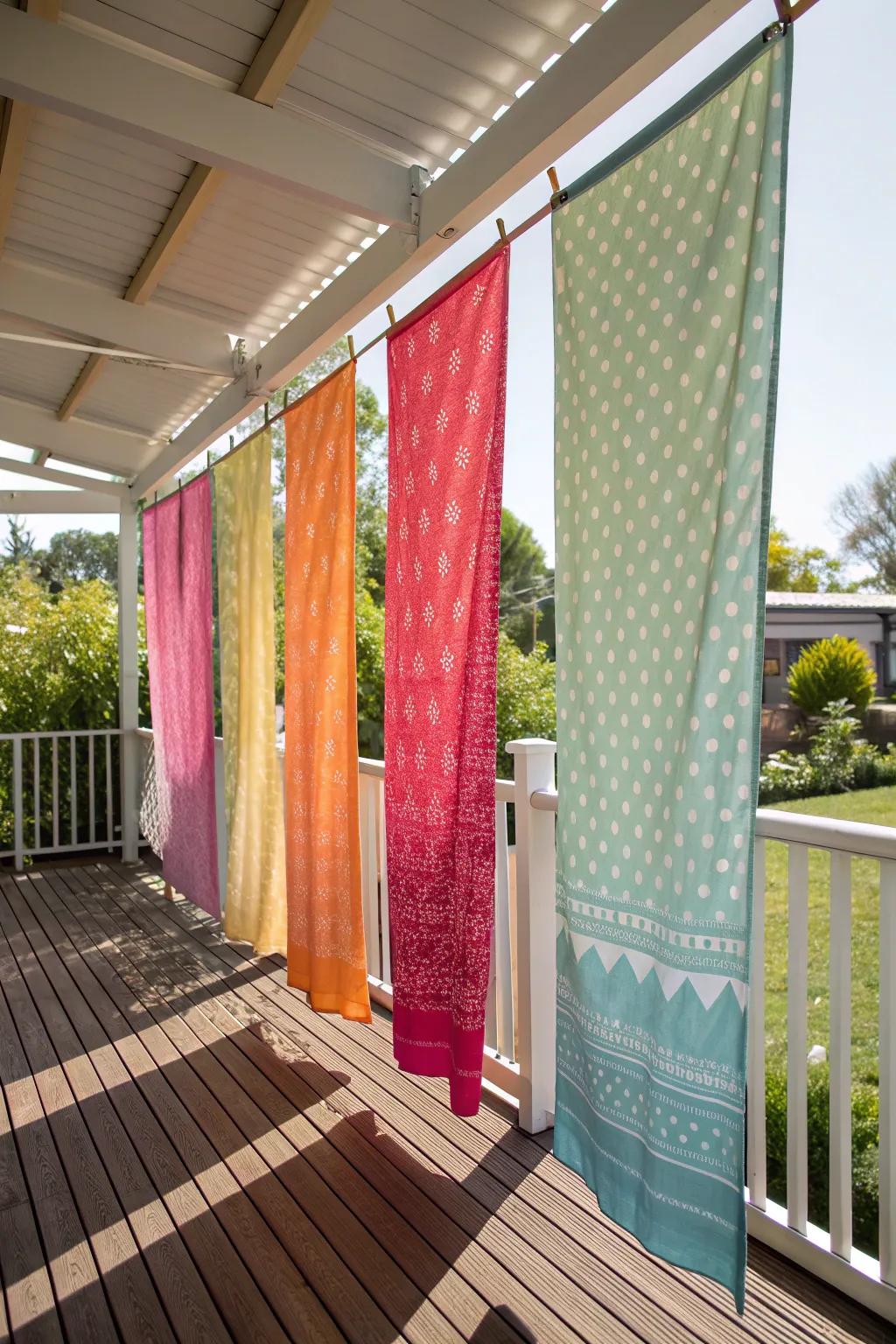 Add color and texture with hanging fabric panels for deck privacy.