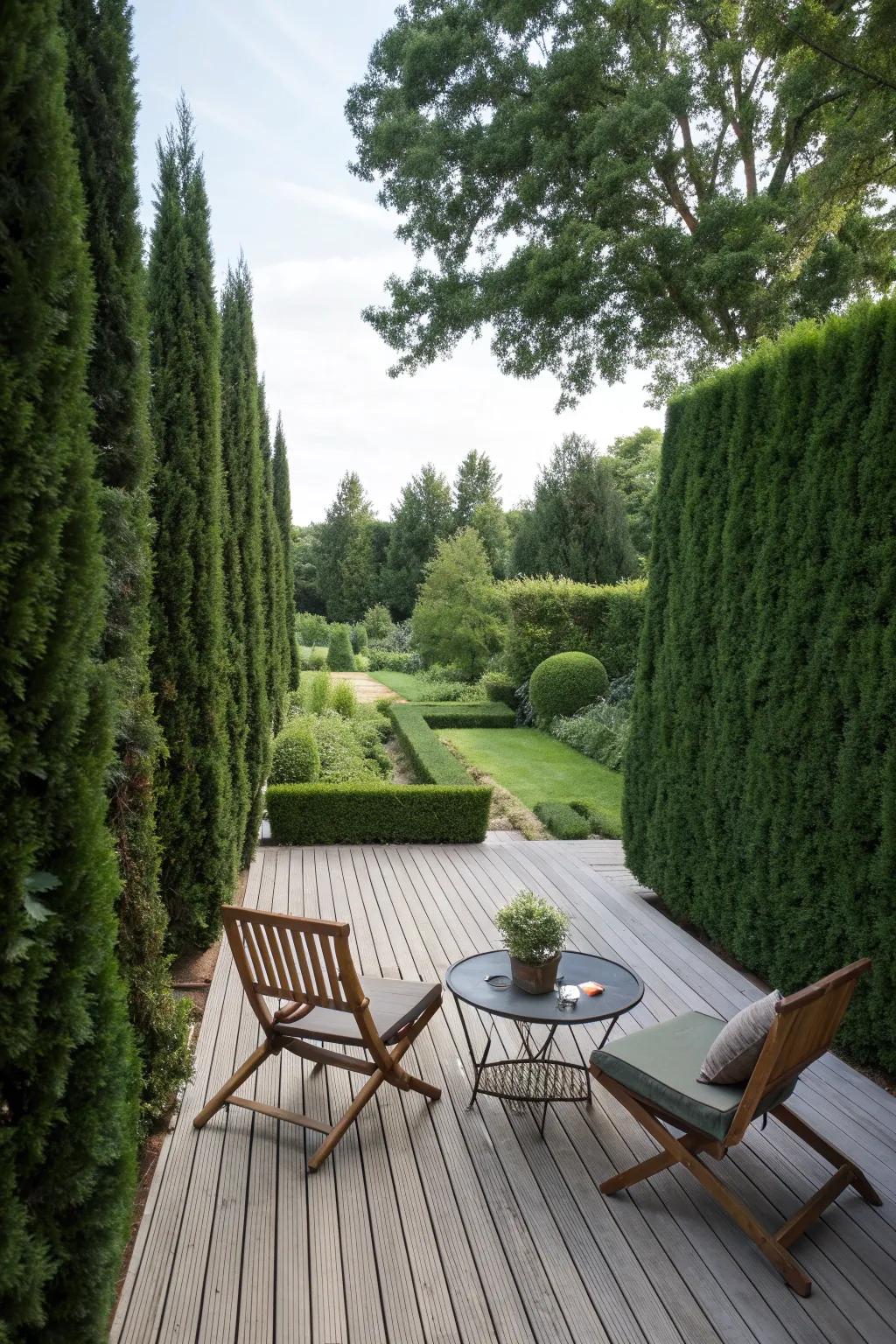 Surround your deck with evergreen hedges for natural, year-round privacy.