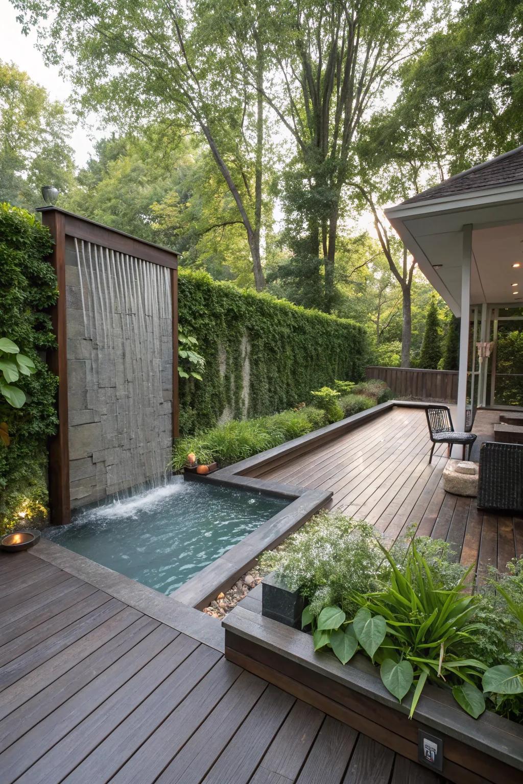 Create a serene atmosphere with a water feature wall as a divider.