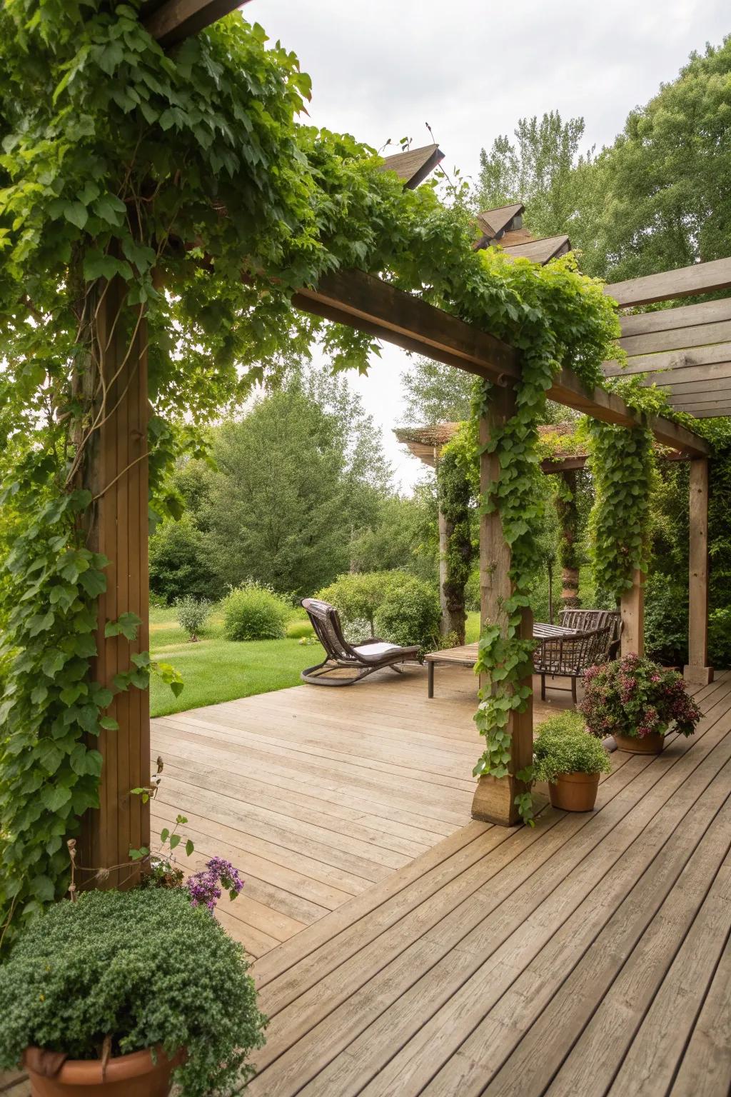 Enhance your deck with trellises and climbing vines for a lush, private oasis.