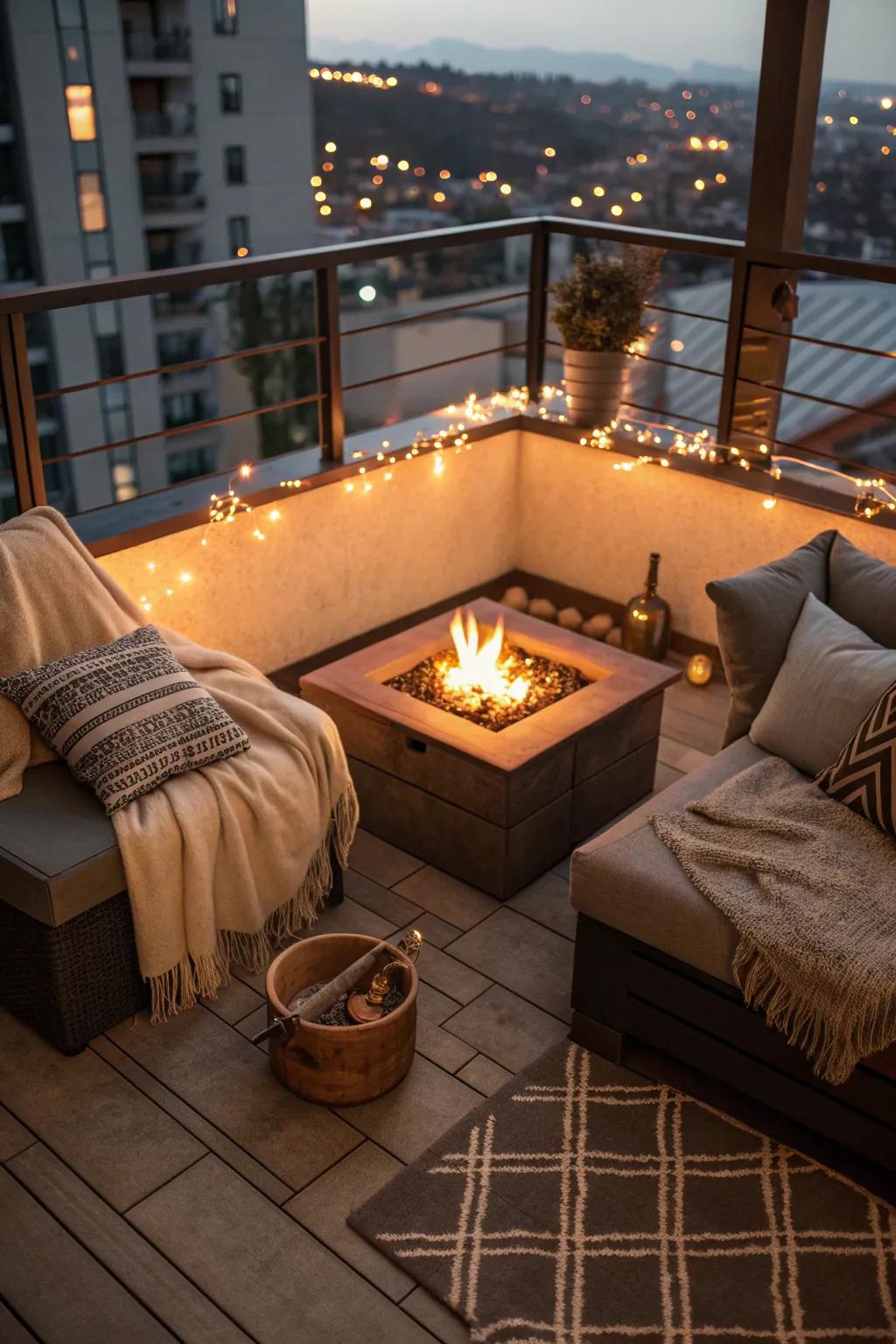A small fire pit adds warmth and ambiance.