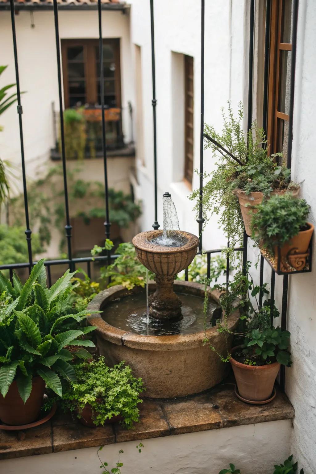 A water feature can add serenity to your balcony.