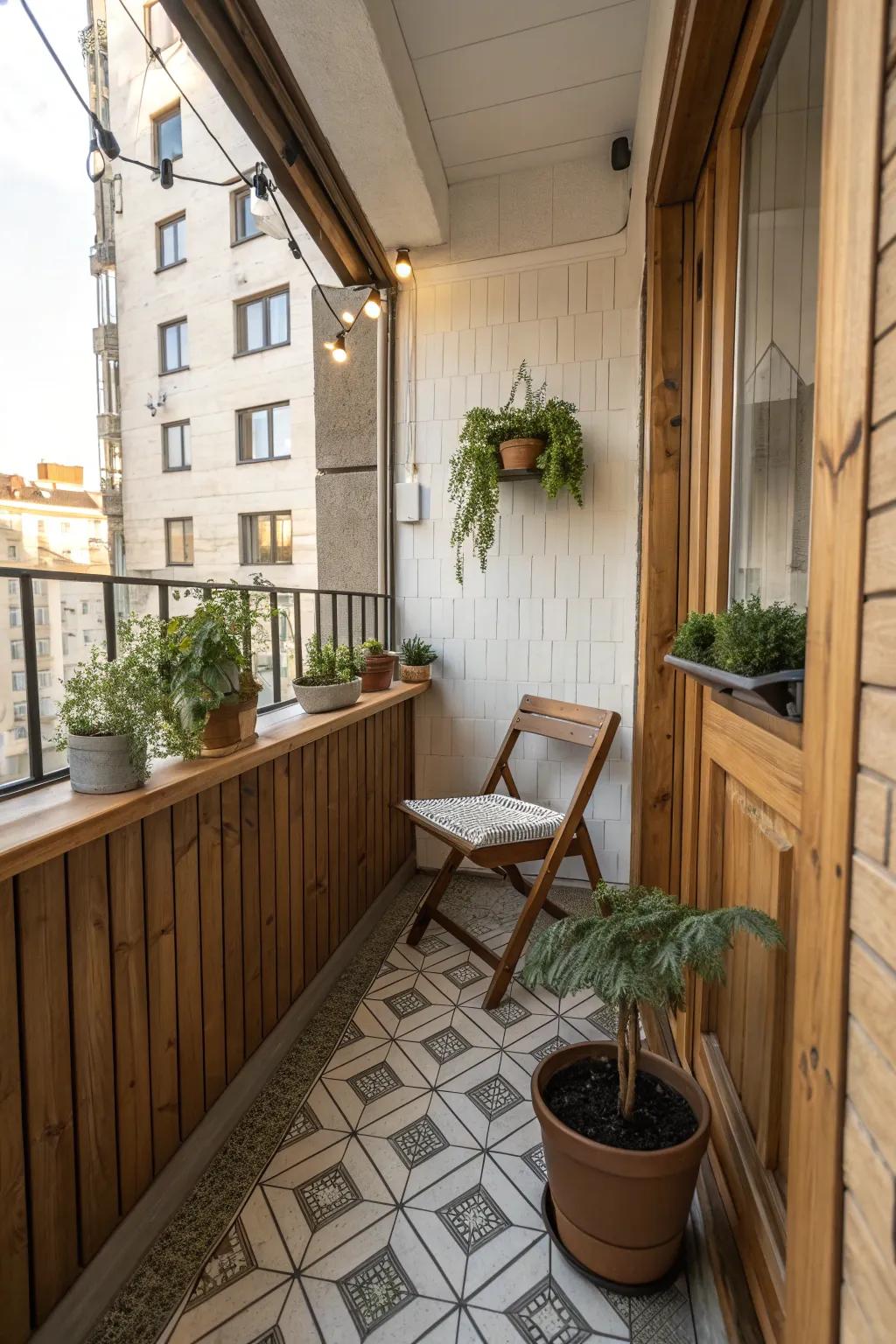 Distinct flooring can effectively separate balcony zones.