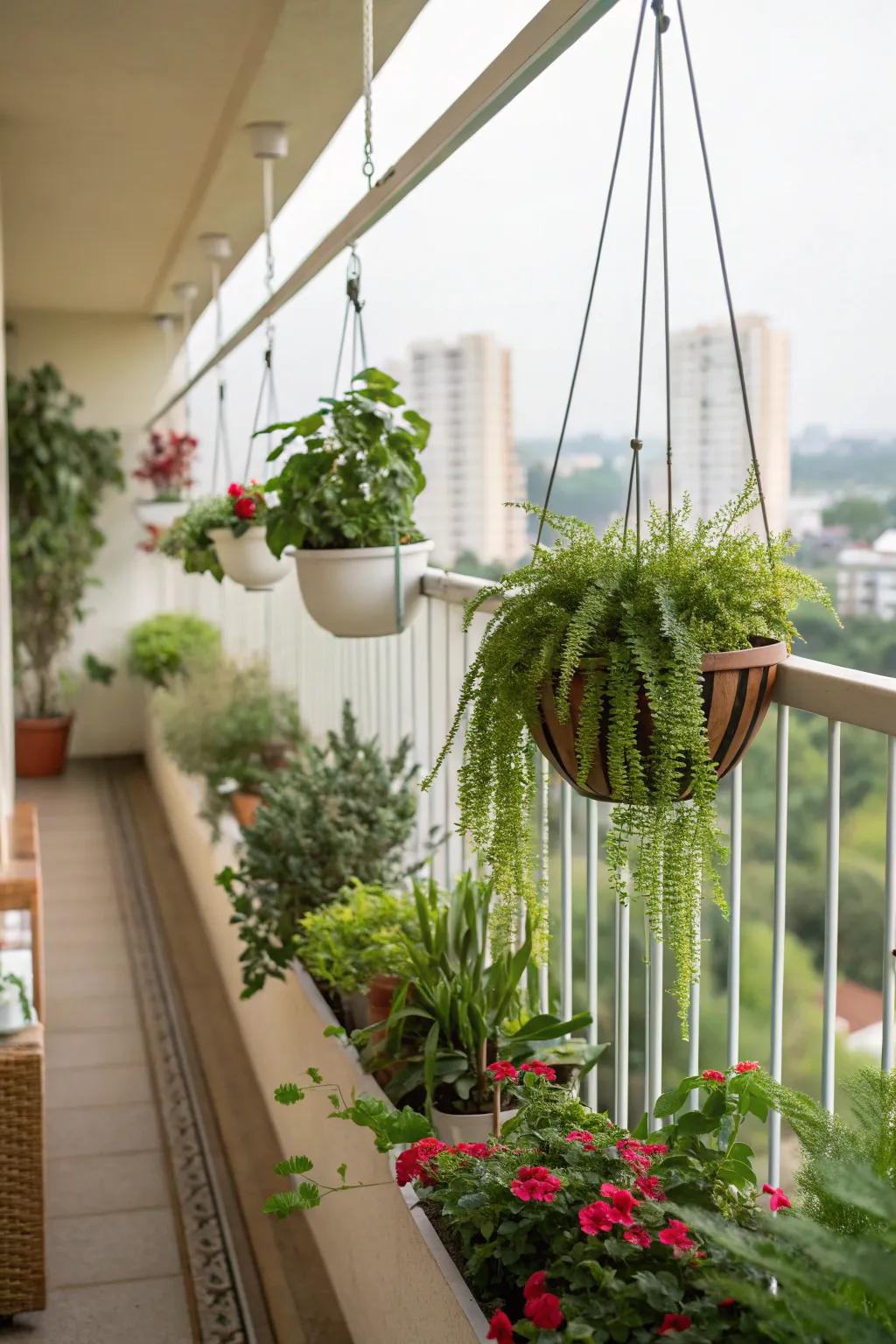 Hanging planters maximize space while adding greenery.