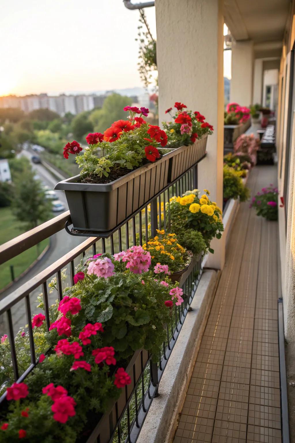 Rail planters bring floral beauty without cluttering floors.