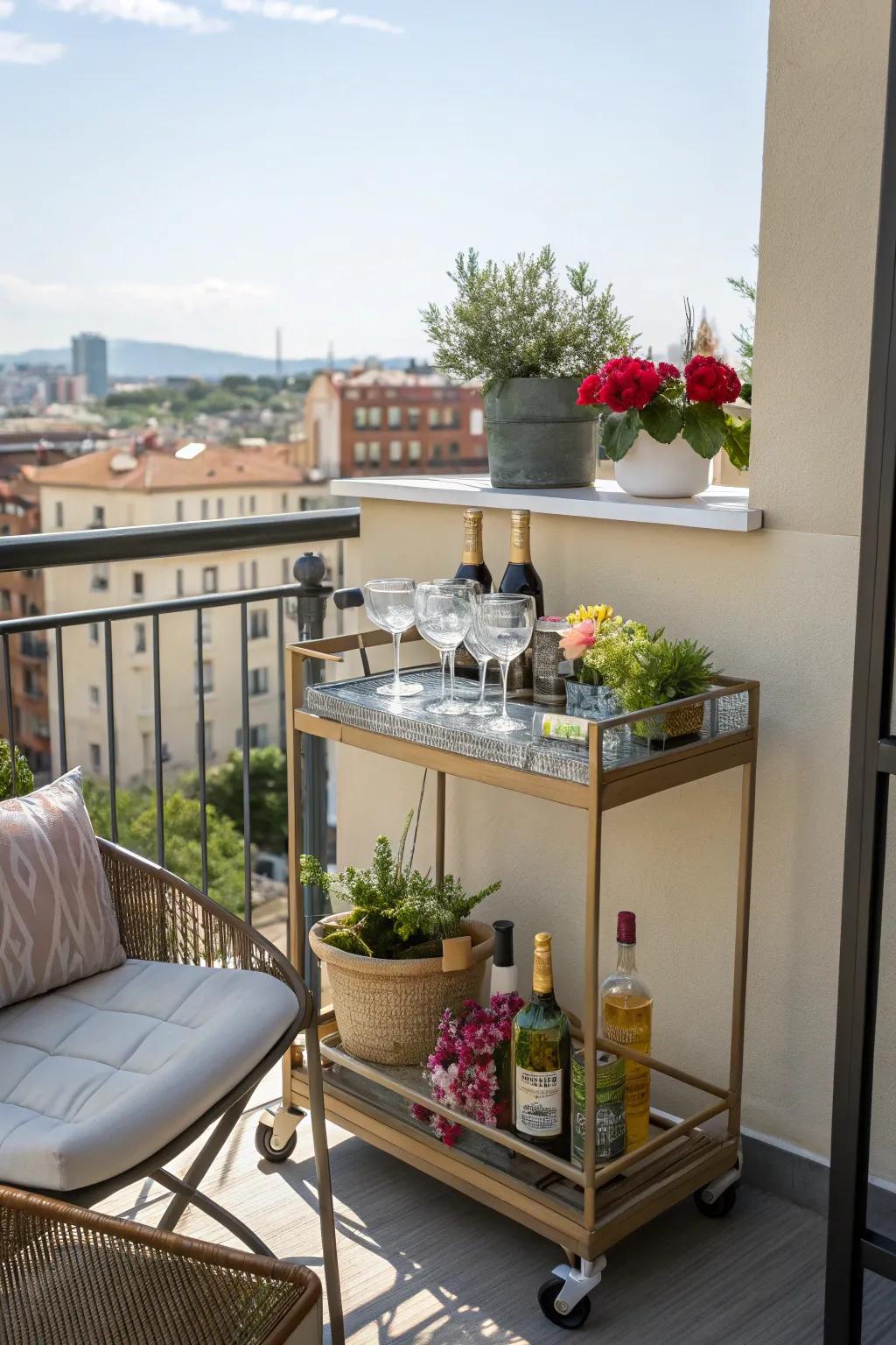 A bar cart adds fun and functionality to balcony gatherings.