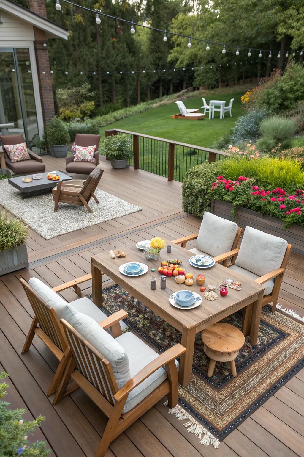 A deck designed with multiple zones for various activities.