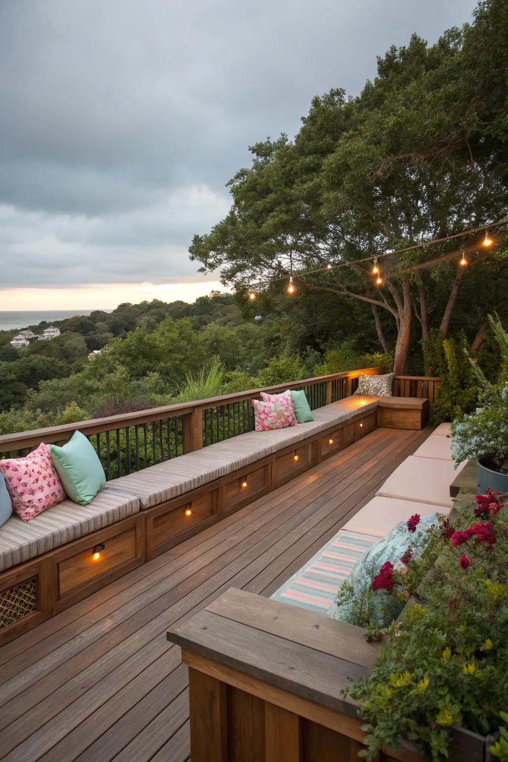 Built-in seating on a deck, offering comfort and style.