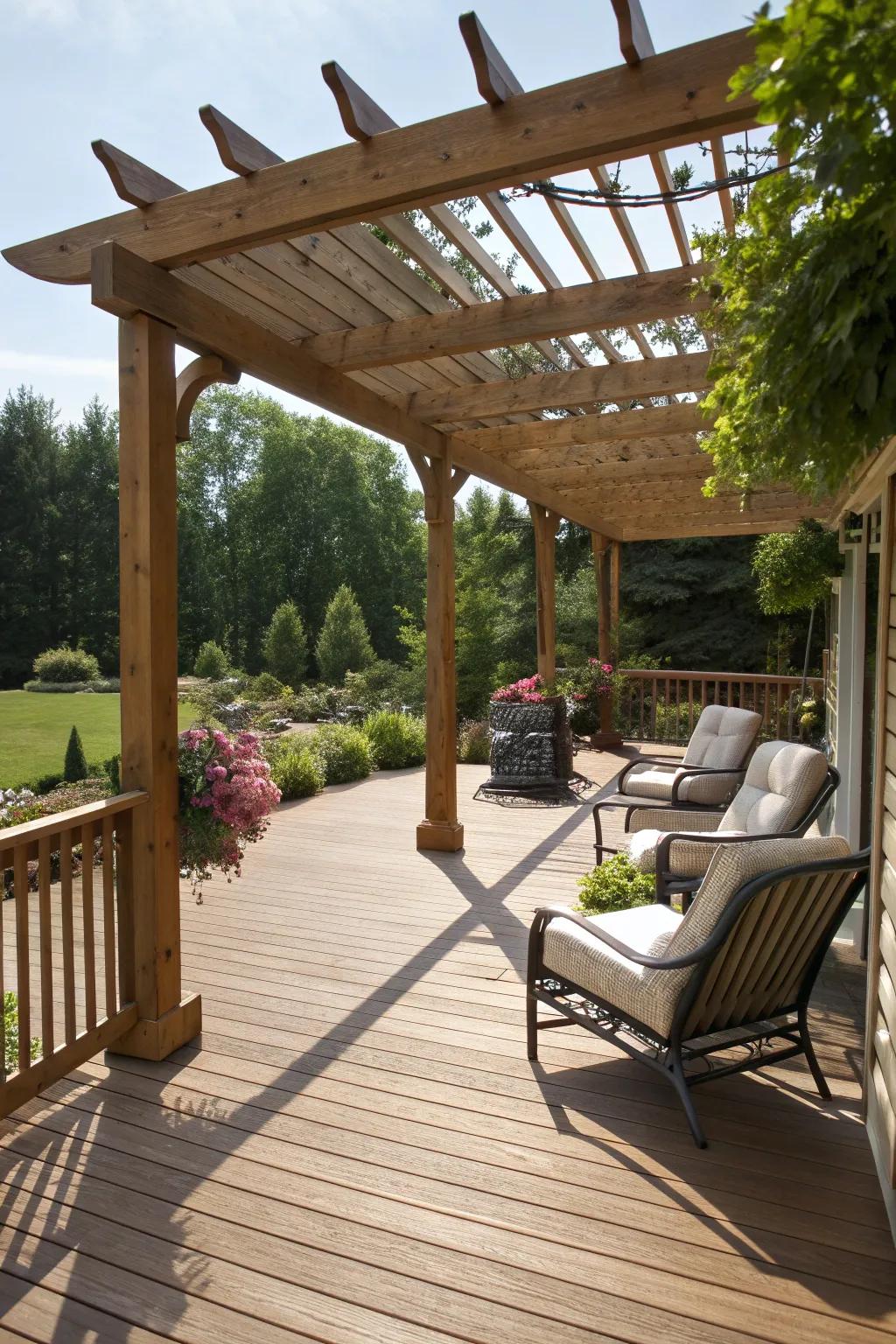 An open-air deck with a pergola, balancing sun and shade beautifully.