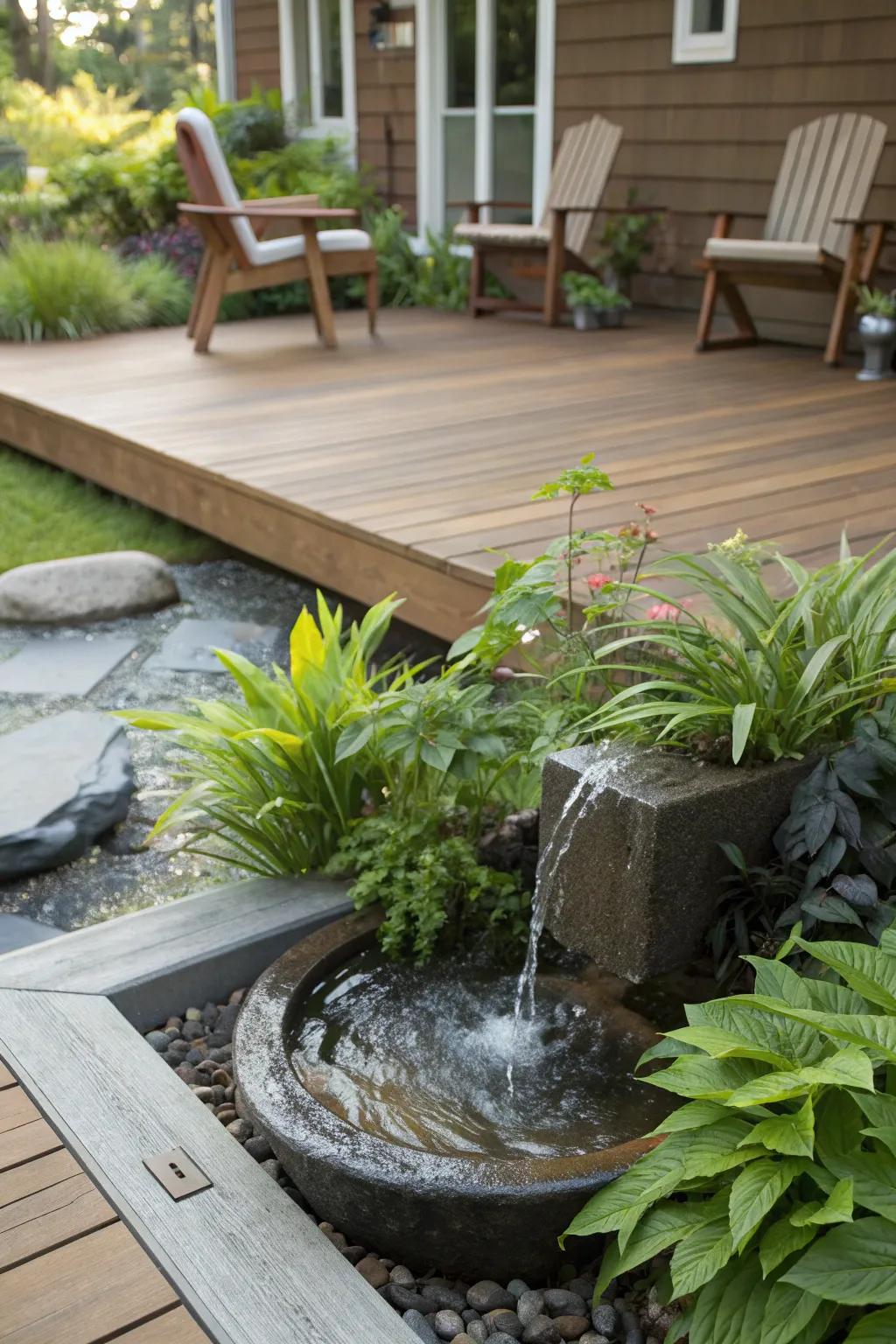 A deck enhanced with a water feature, creating a serene atmosphere.