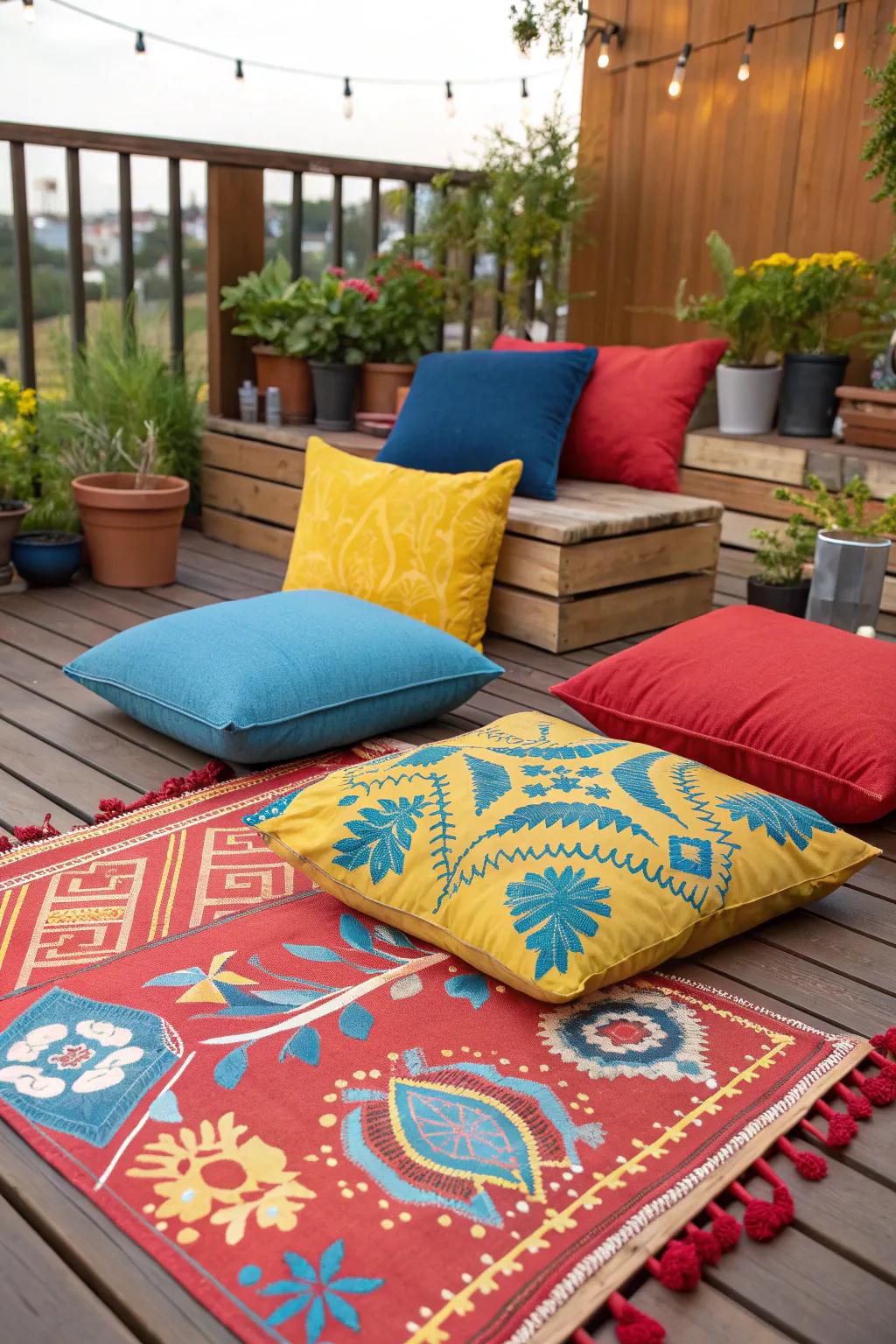 A deck brought to life with pops of color through accessories and decor.