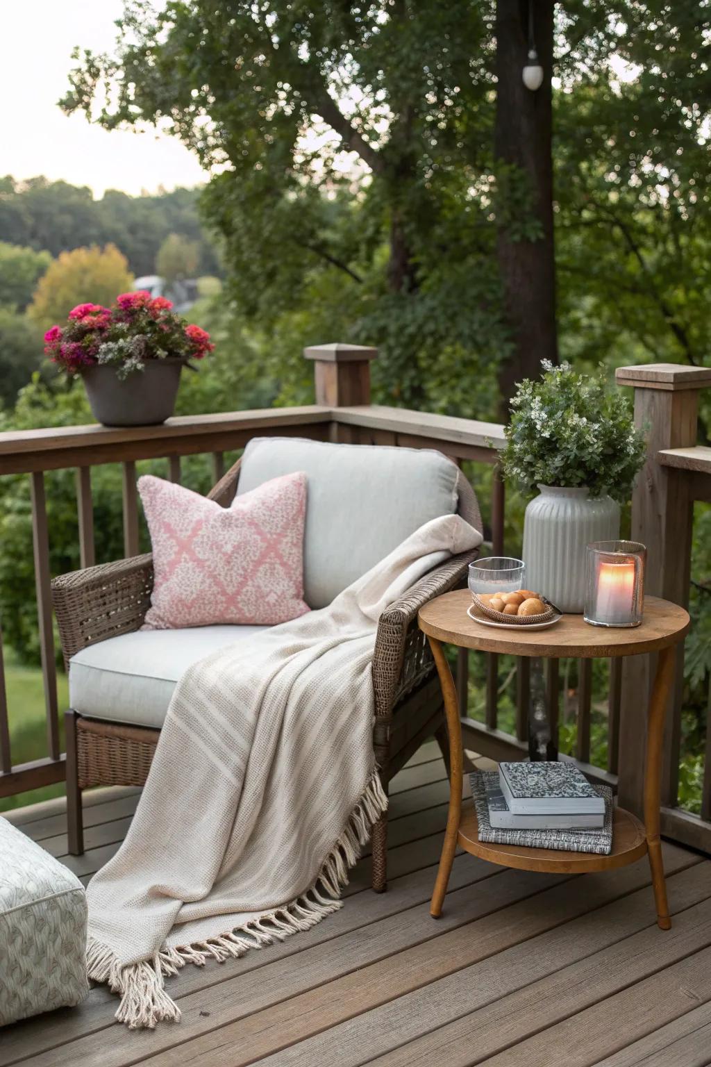 A cozy nook on a deck, perfect for reading and relaxation.