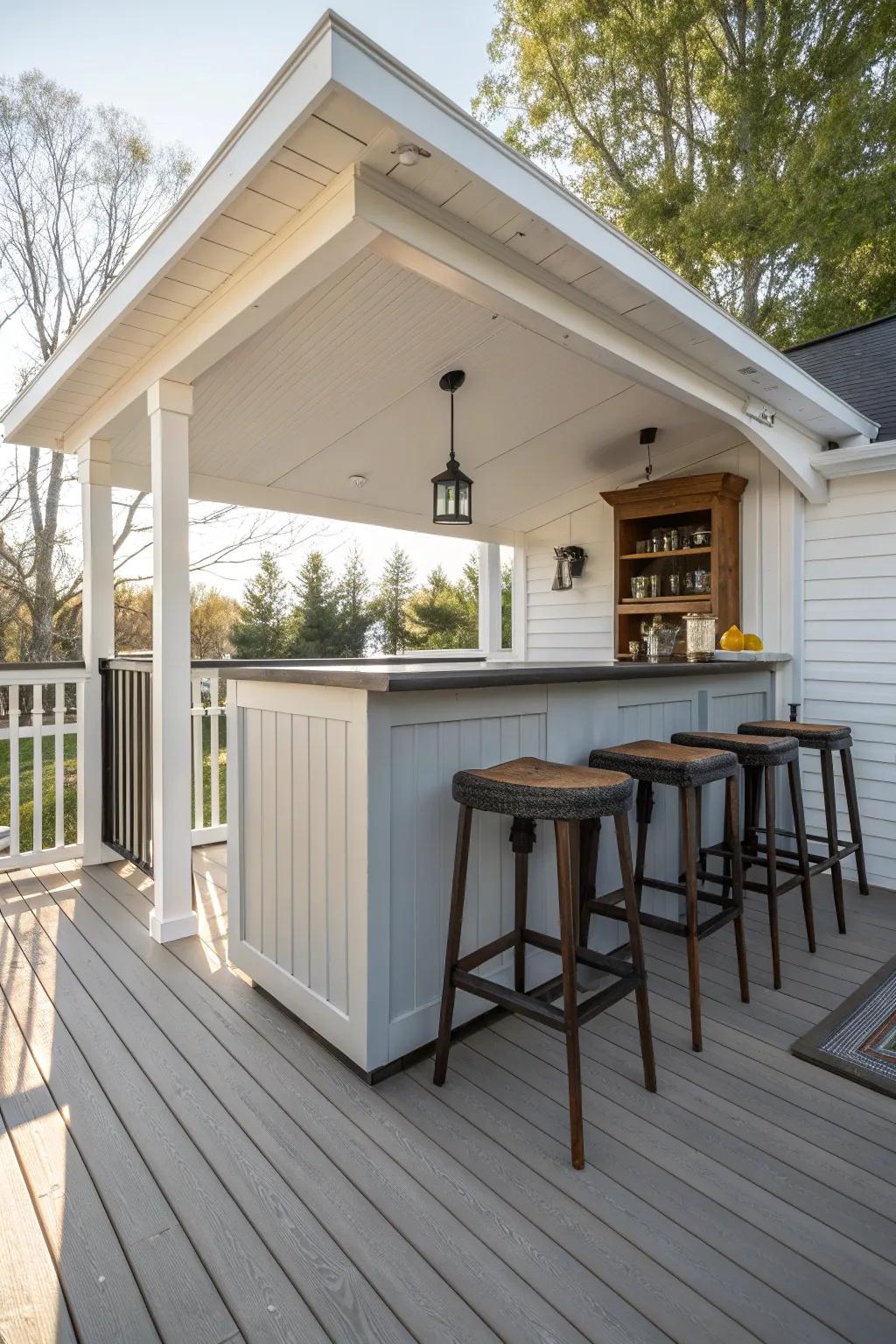 A deck featuring a stylish bar area, ideal for entertaining guests.
