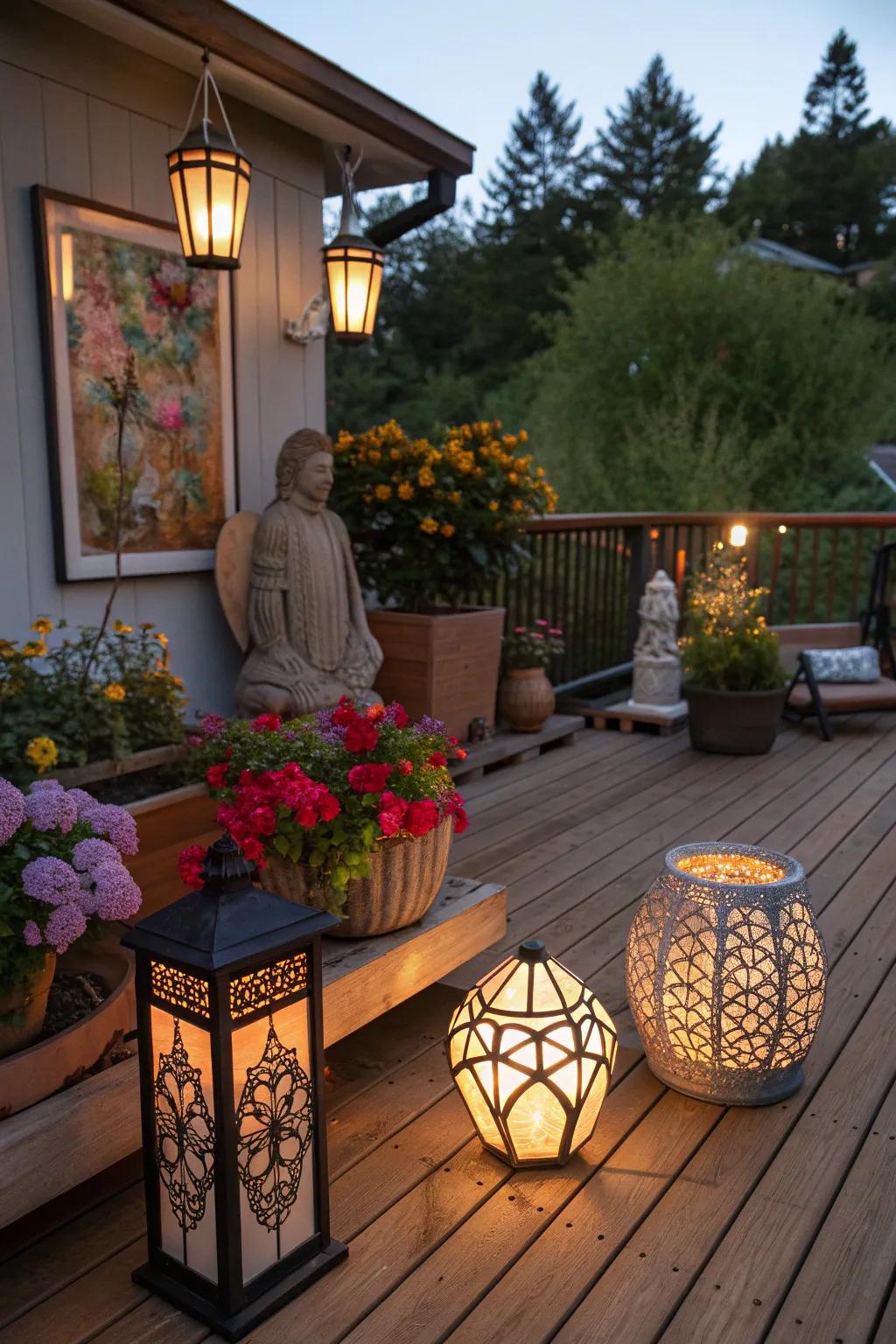 A deck enhanced with decorative elements for a cozy ambiance.