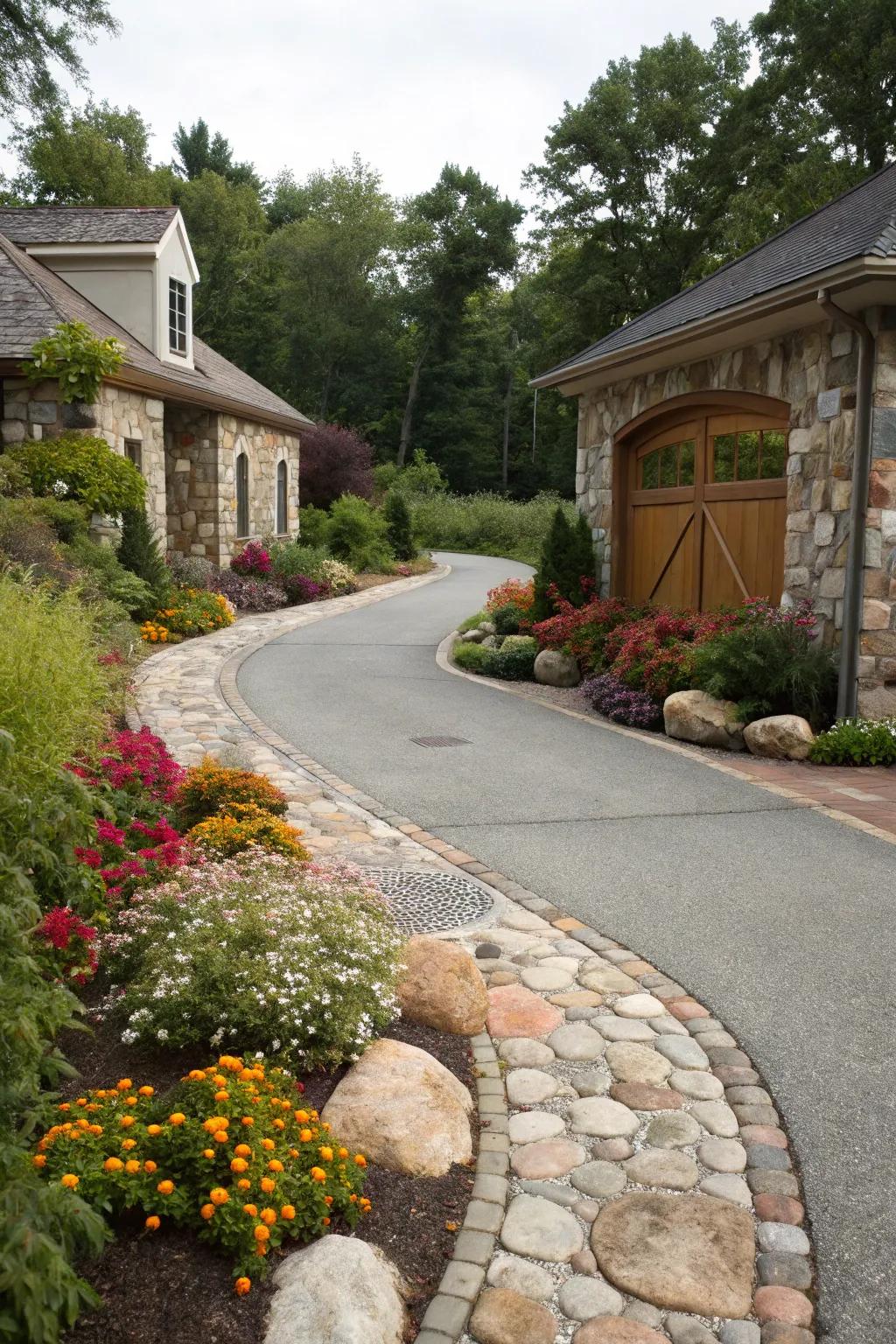 A driveway with natural stone accents, surrounded by colorful plants, offering a textured and artistic appearance.