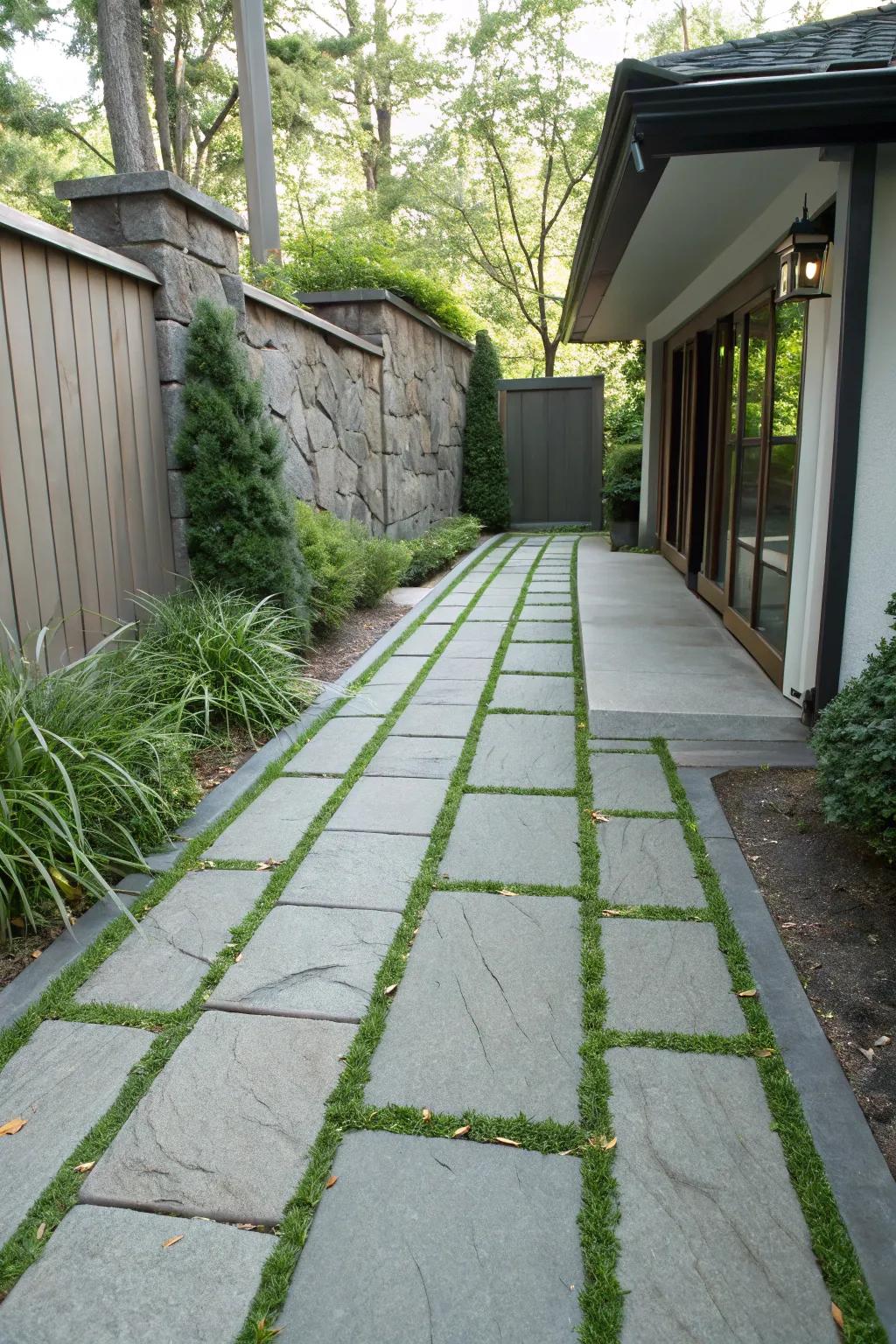 A minimalist driveway featuring narrow green strips interspersed with large stone slabs.