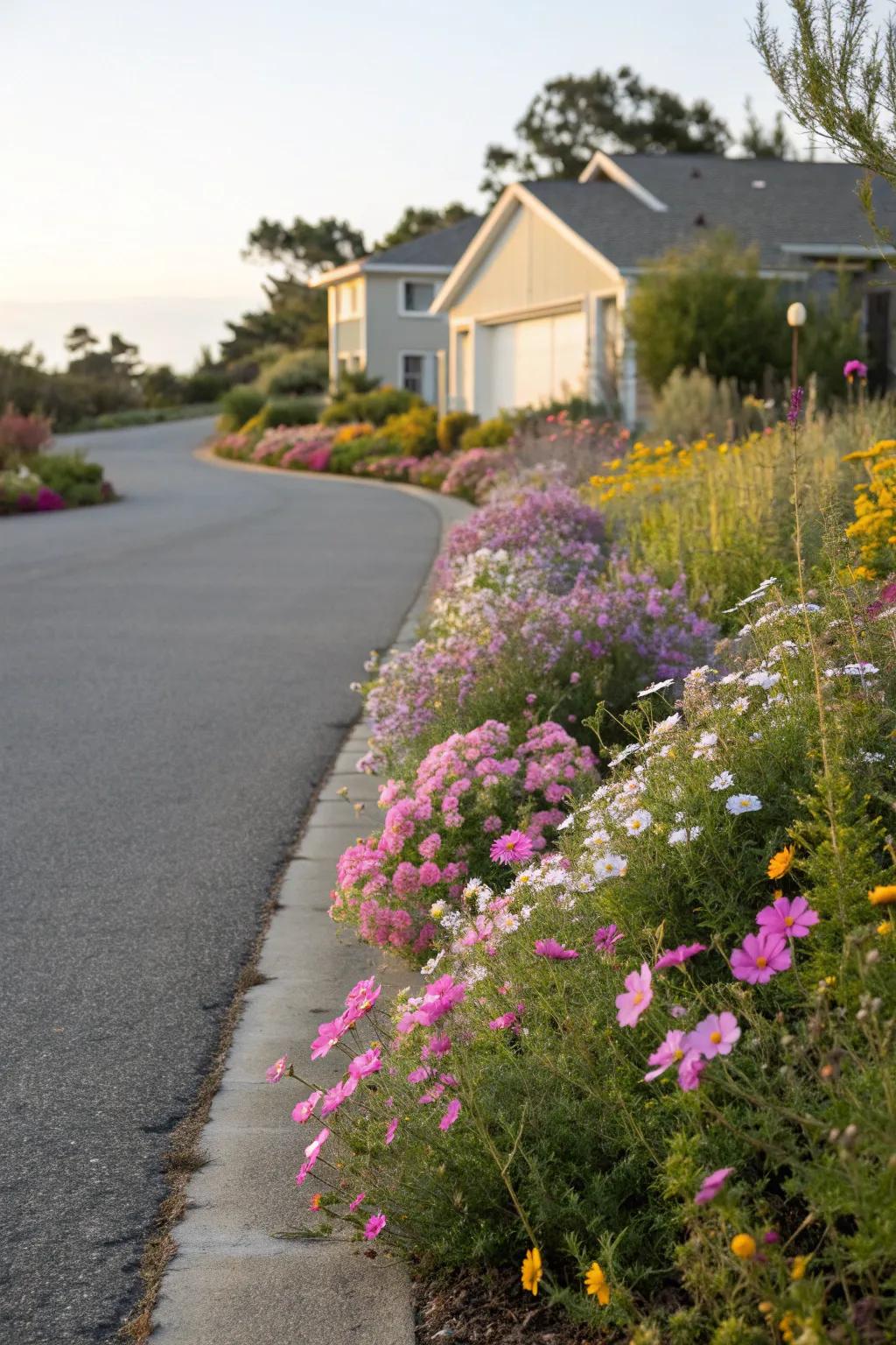 A driveway lined with wildflower borders, showcasing vibrant colors and attracting pollinators.
