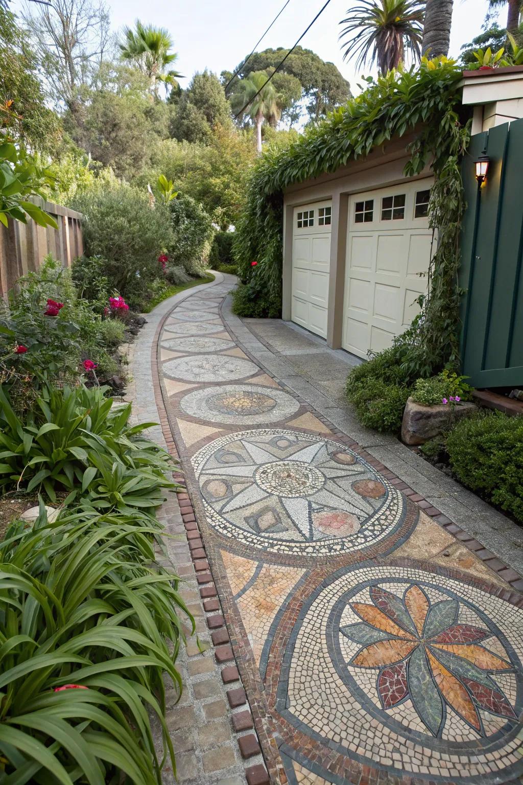 A driveway with intricate mosaic patterns made from colorful stones and lush greenery.