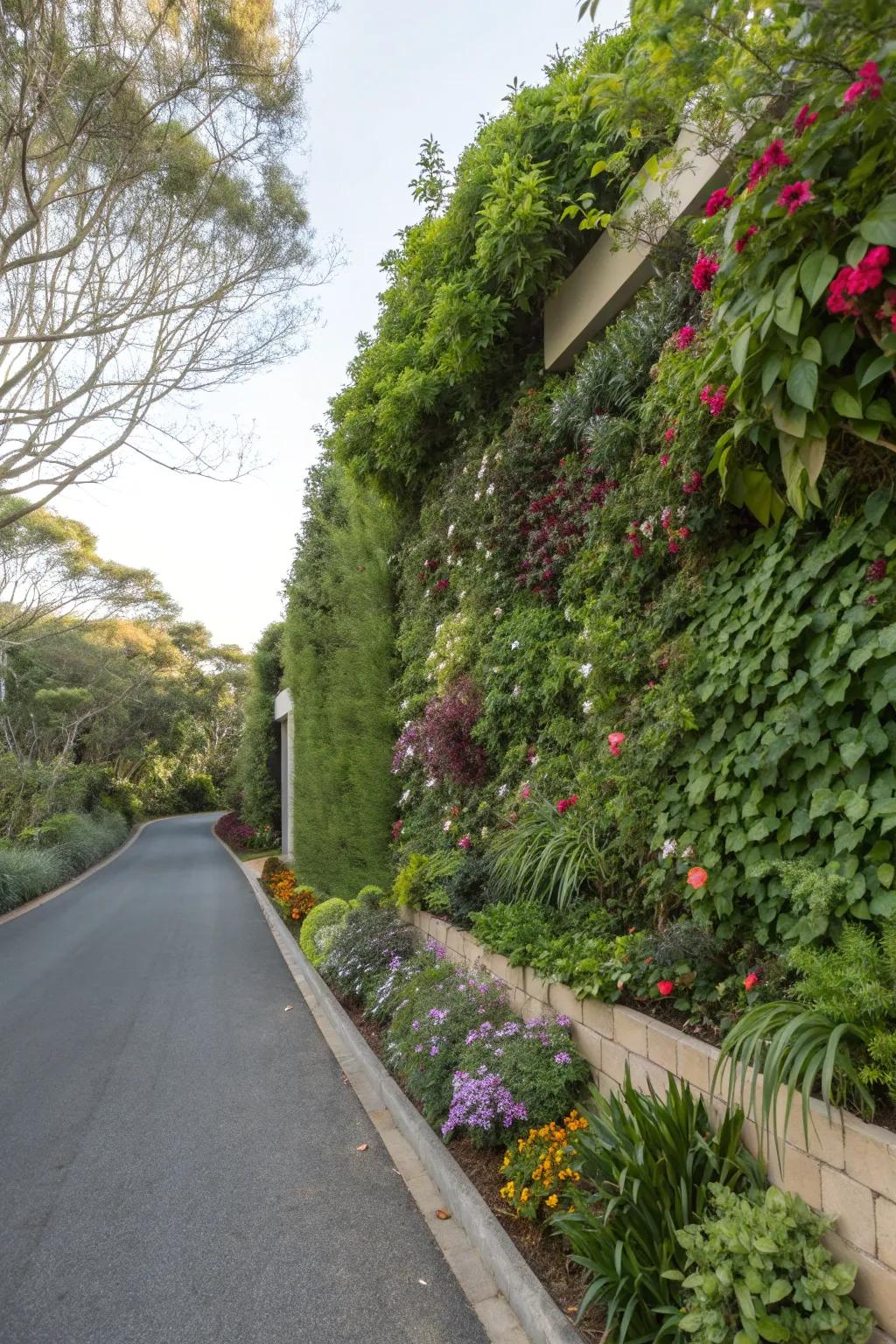 A vertical garden alongside a driveway, showcasing a lush array of plants in a living wall.