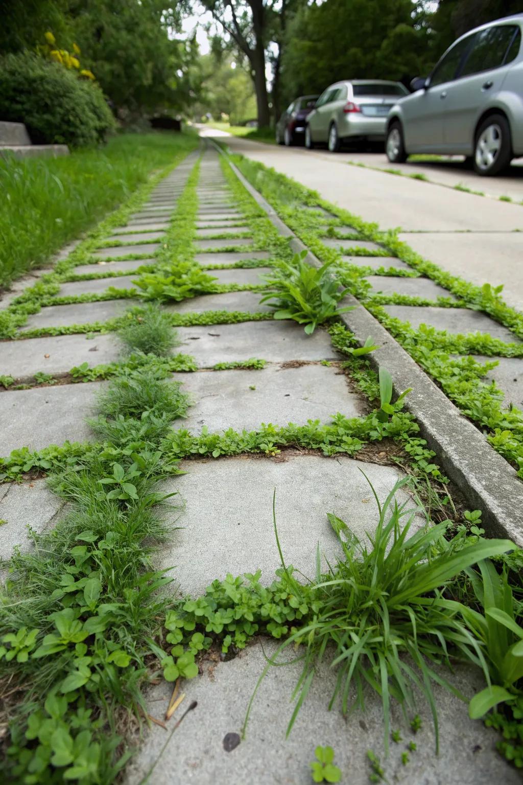 A living driveway featuring vibrant plants growing between concrete strips, adding natural beauty.