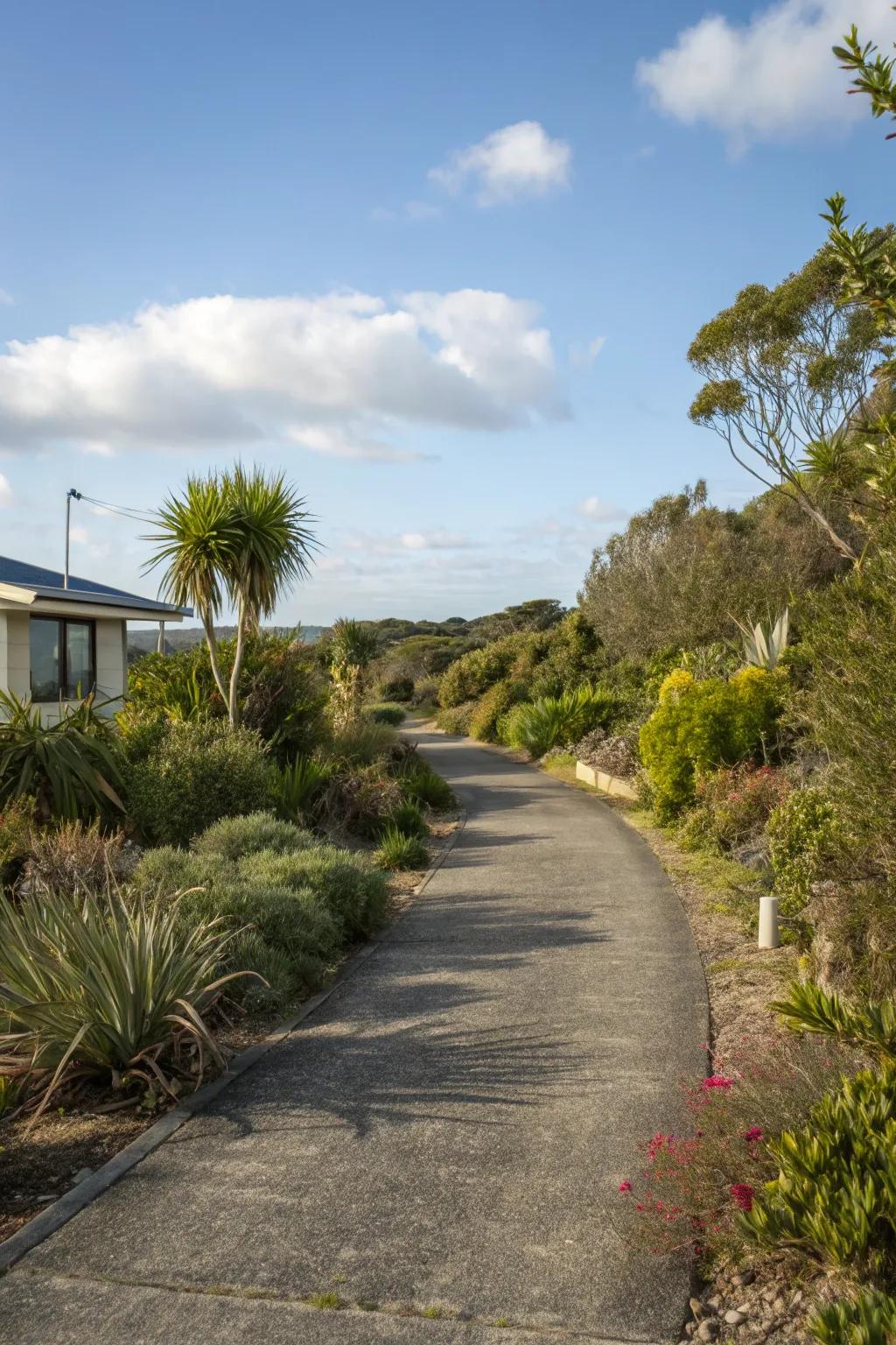 A driveway bordered by native plants, offering a resilient and low-maintenance option.