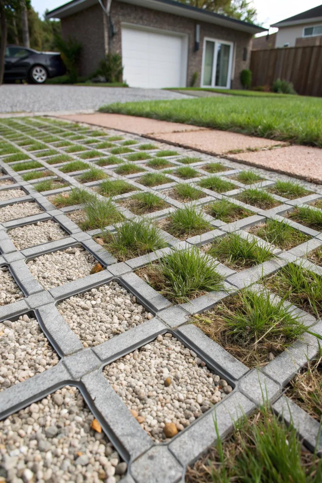 A driveway featuring a plastic grid system, filled with a mix of gravel and grass for durability and greenery.