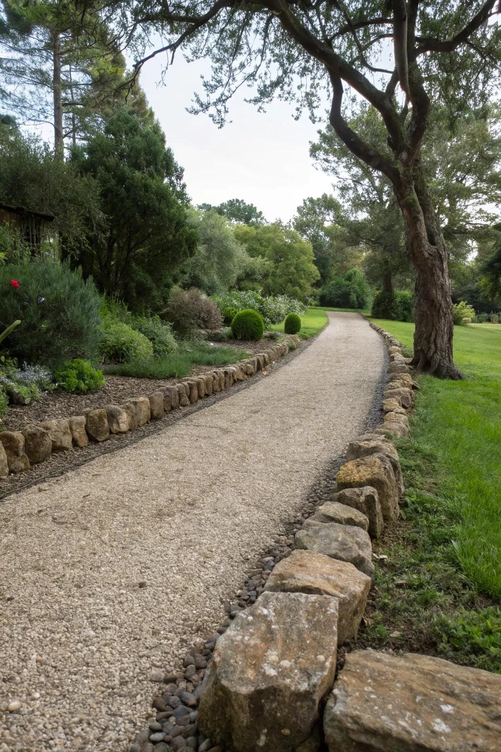 A rustic gravel driveway bordered by natural stones, offering a charming and practical solution.