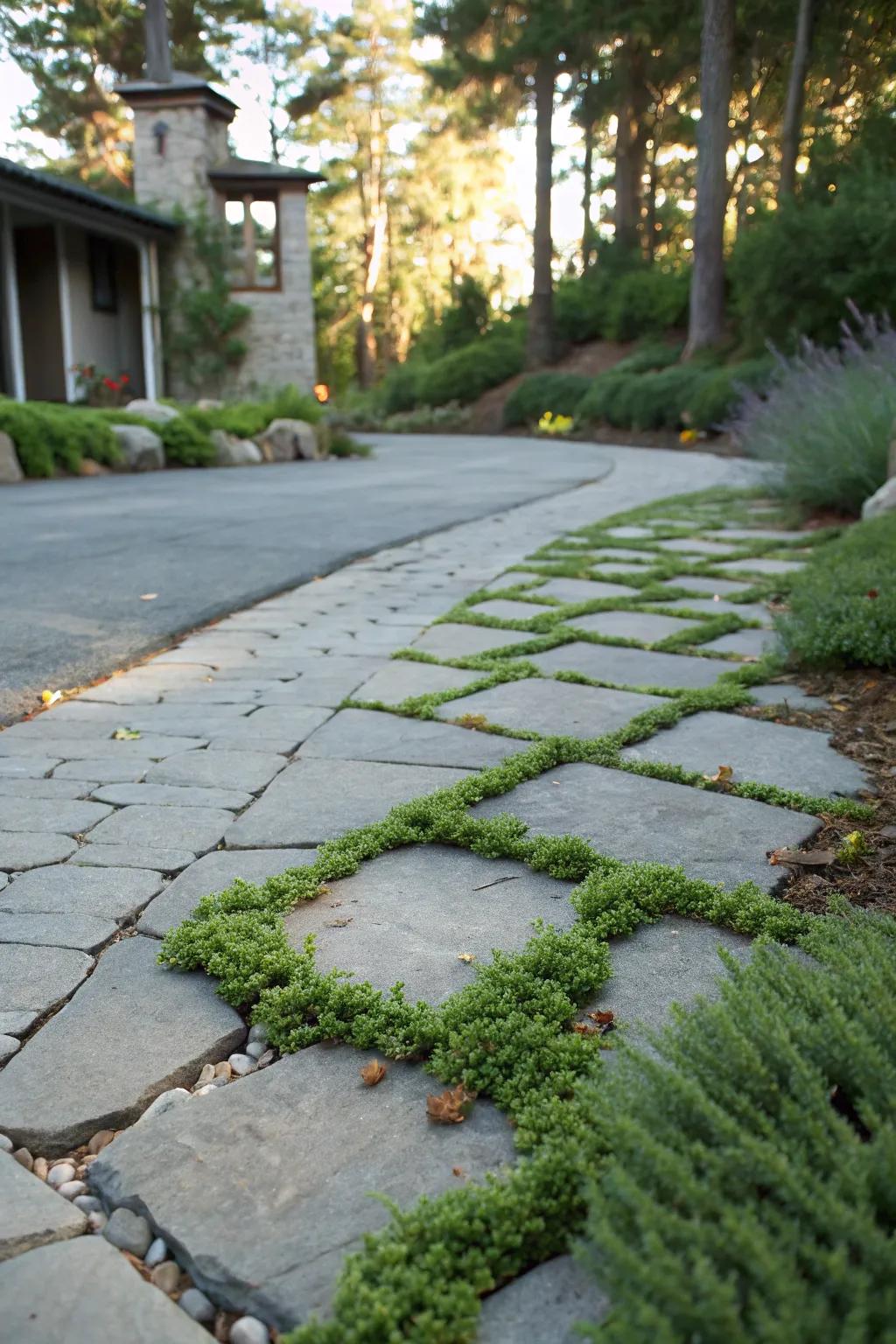 A driveway featuring creeping ground covers such as thyme, creating a lush, soft carpet effect.