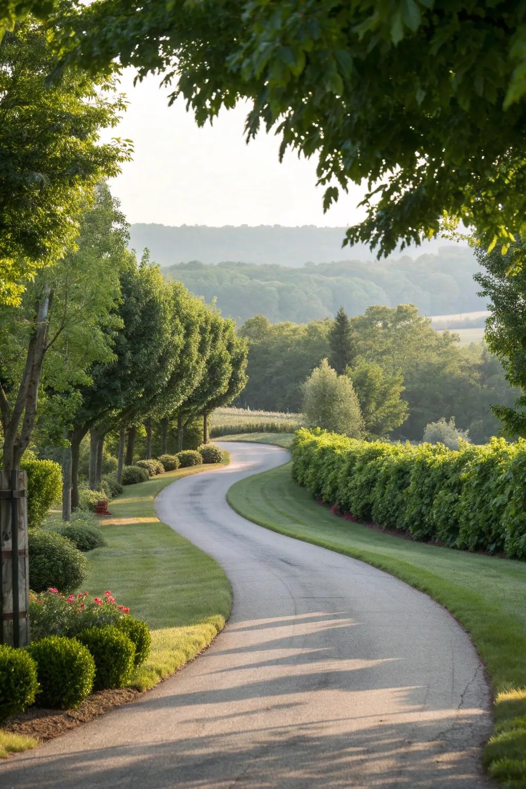 A curved driveway with lush greenery lining its edges, merging seamlessly with the surrounding landscape.