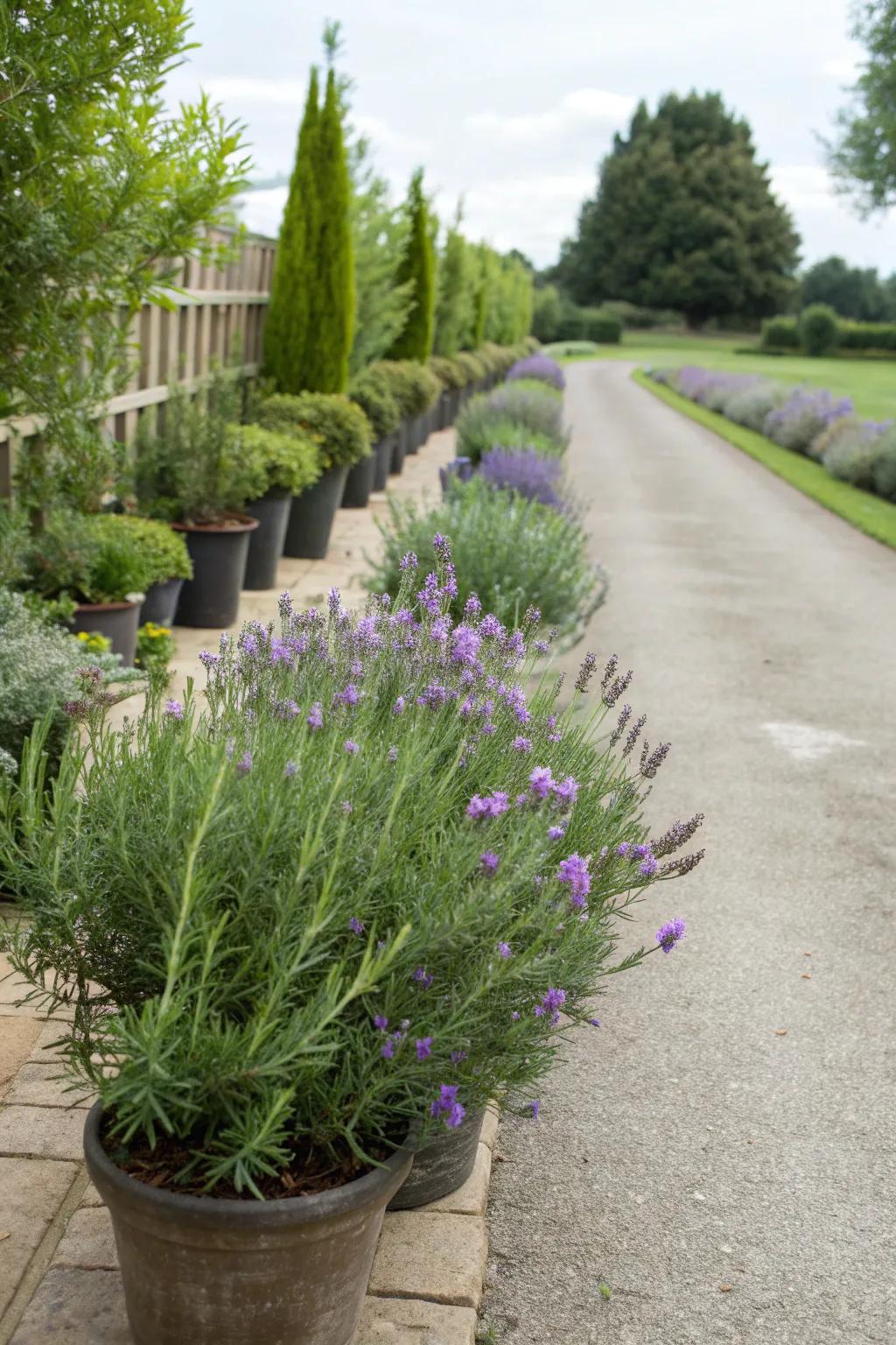 A driveway lined with fragrant herbs such as lavender and rosemary, offering a sensory delight.