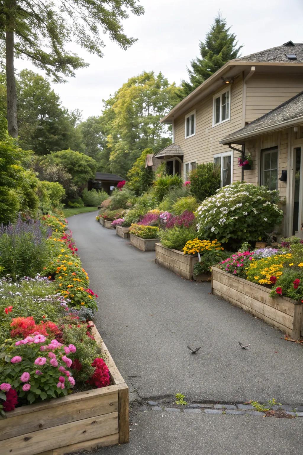 A driveway featuring integrated garden beds, bursting with colorful flowers and shrubs.