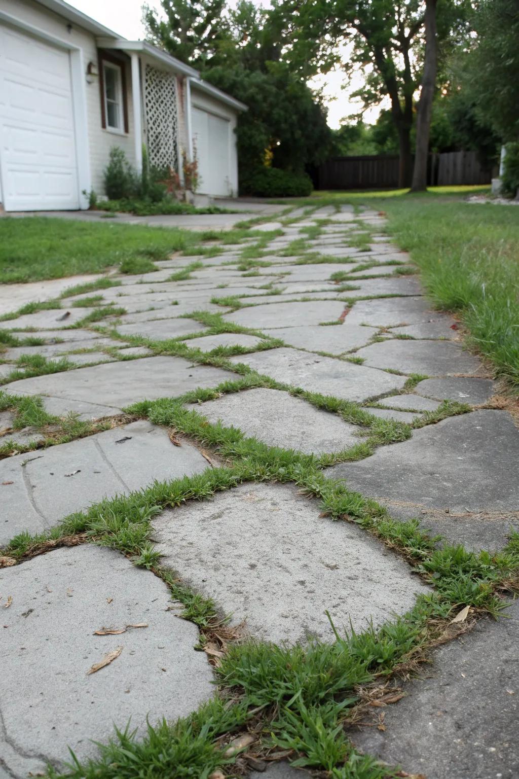 A unique driveway using recycled concrete pieces, with grass growing in the spaces for an eco-friendly design.
