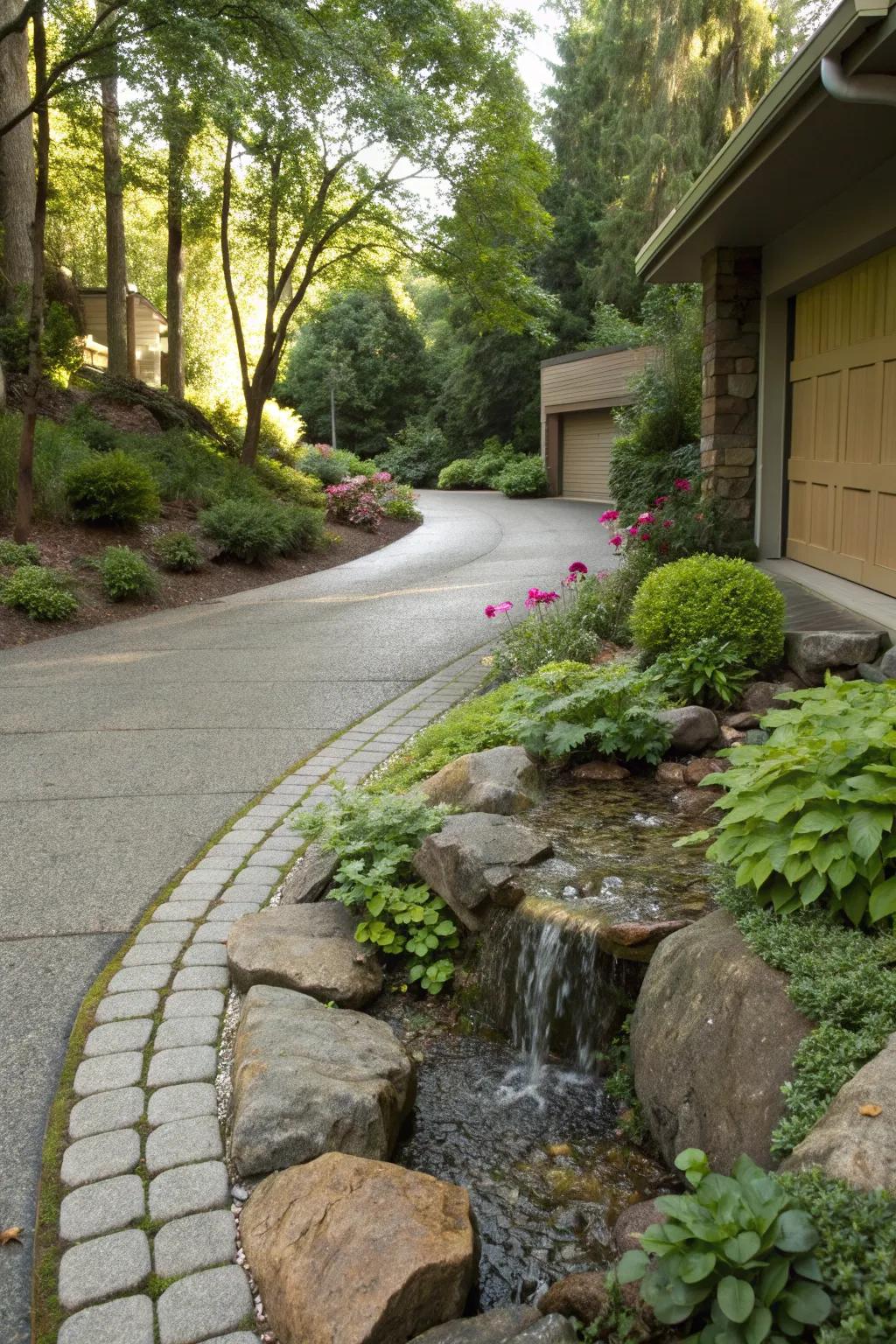 A driveway with a small water feature, adding a touch of serenity amidst lush greenery.