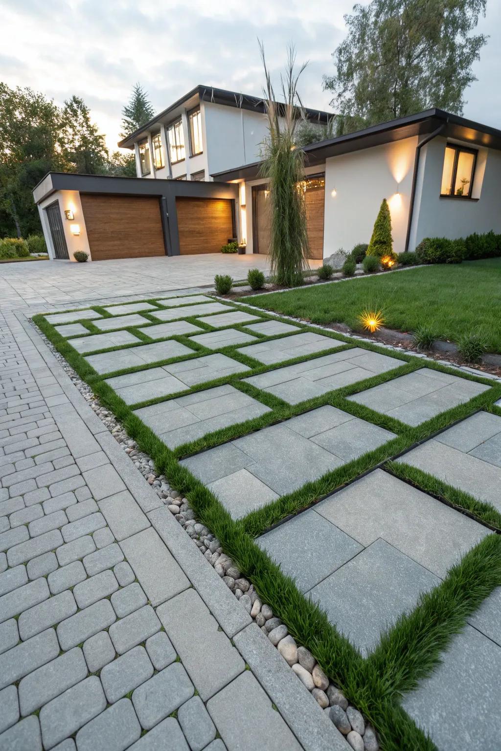 A modern driveway design featuring geometric patterns with grass interspersed between stone pavers.