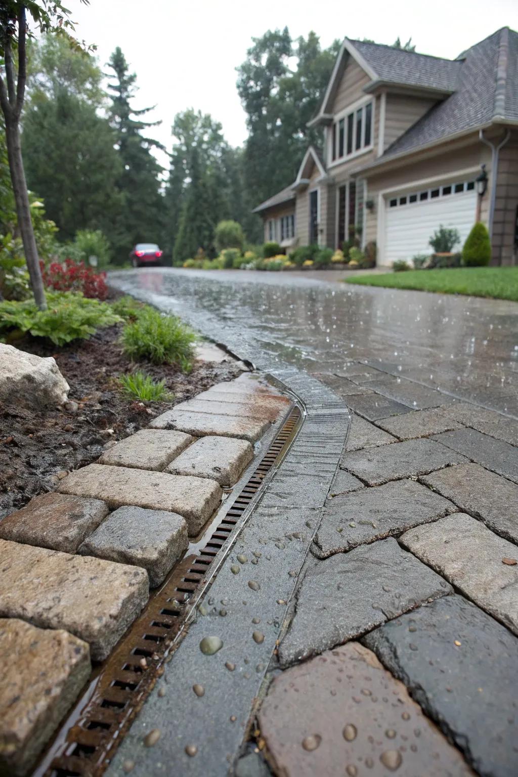 A driveway showcasing permeable pavers, allowing rainwater to drain efficiently.