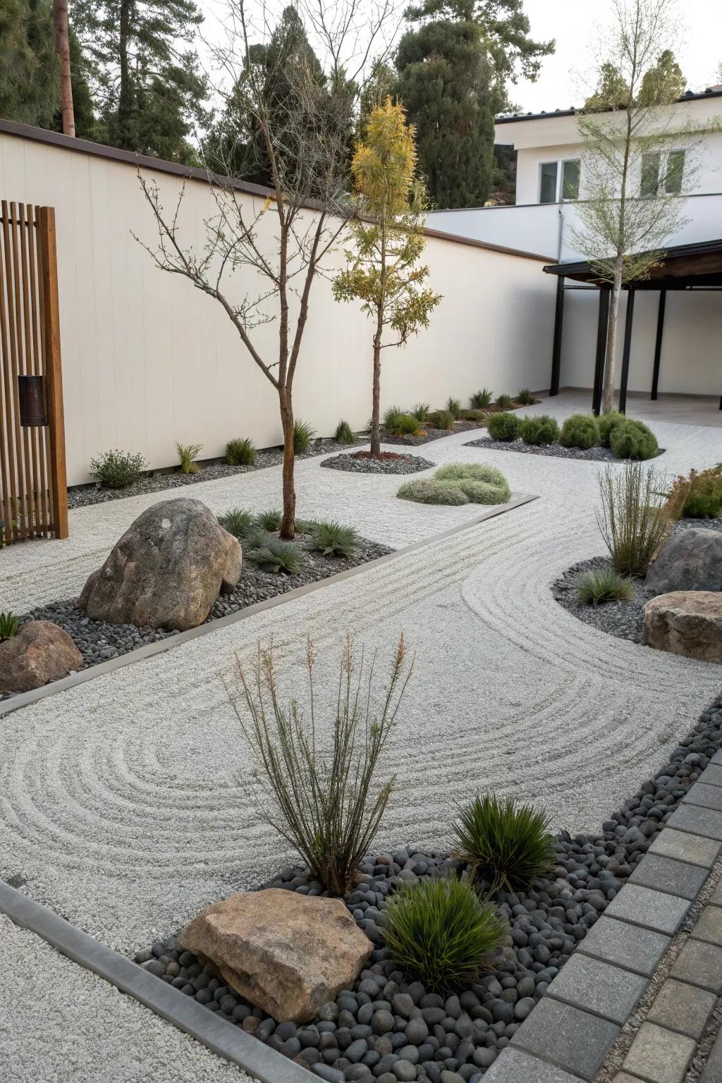 A zen-inspired driveway featuring raked gravel and simple, minimalistic plantings.