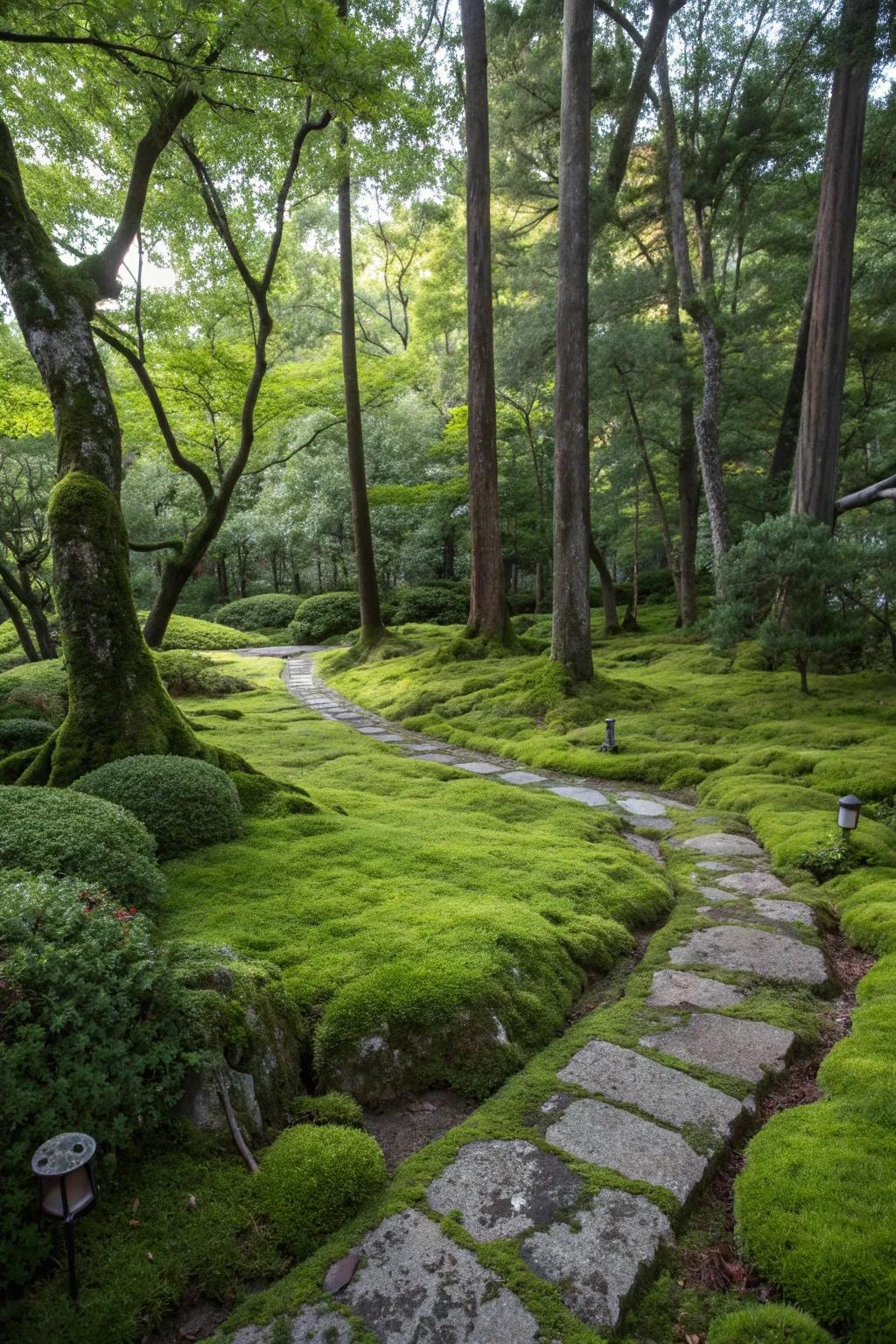 A lush moss carpet creating a soft, green ground cover.