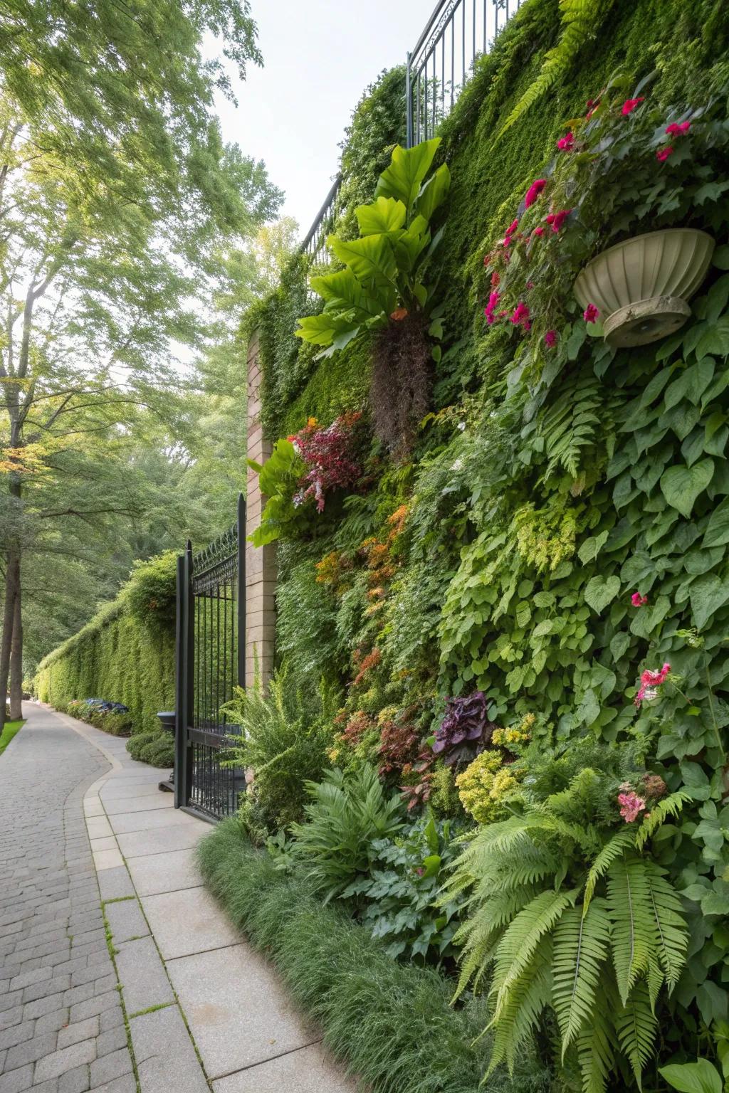 A vertical garden wall maximizing space in a small meditation garden.