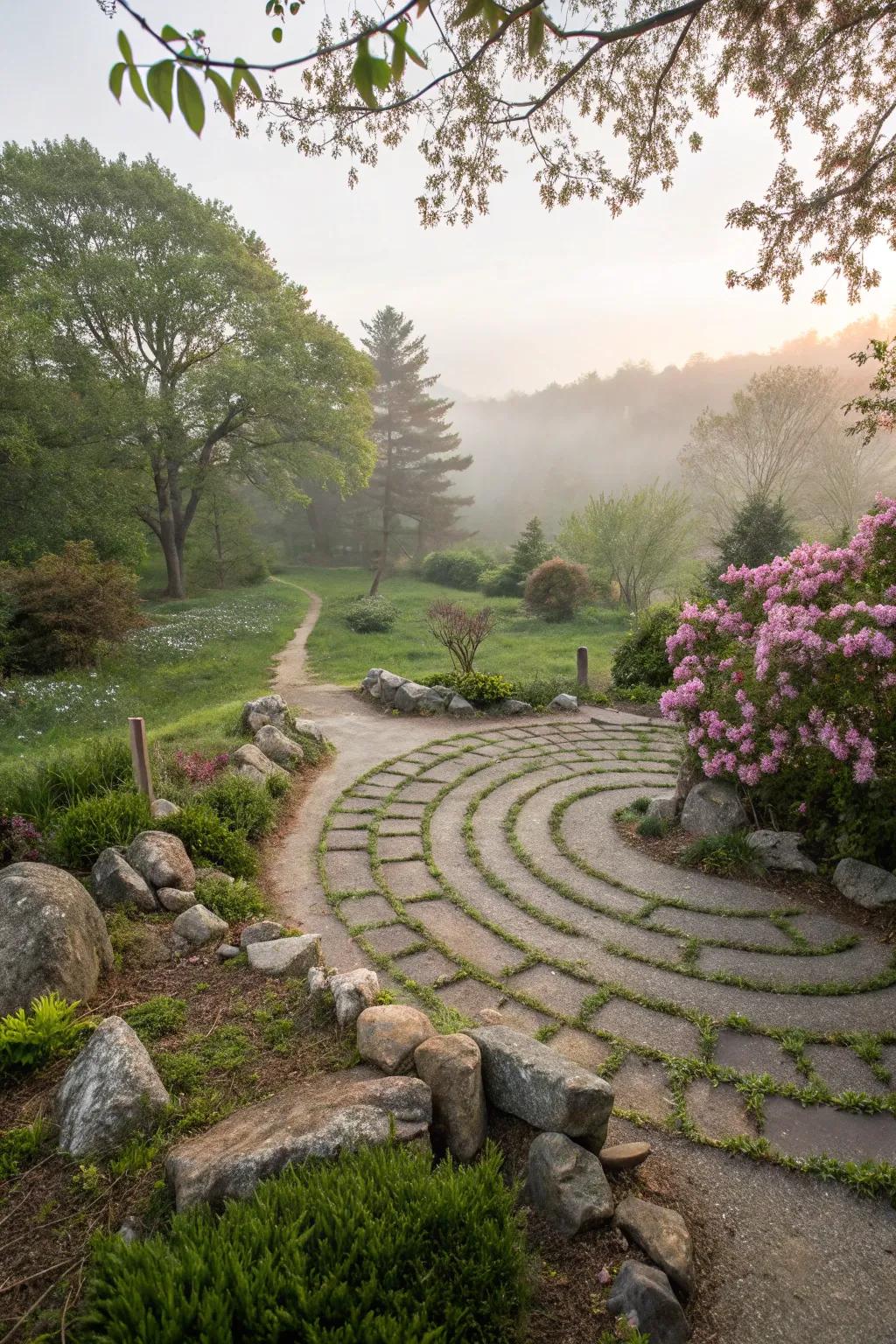 A circular labyrinth path for walking meditation in a garden.