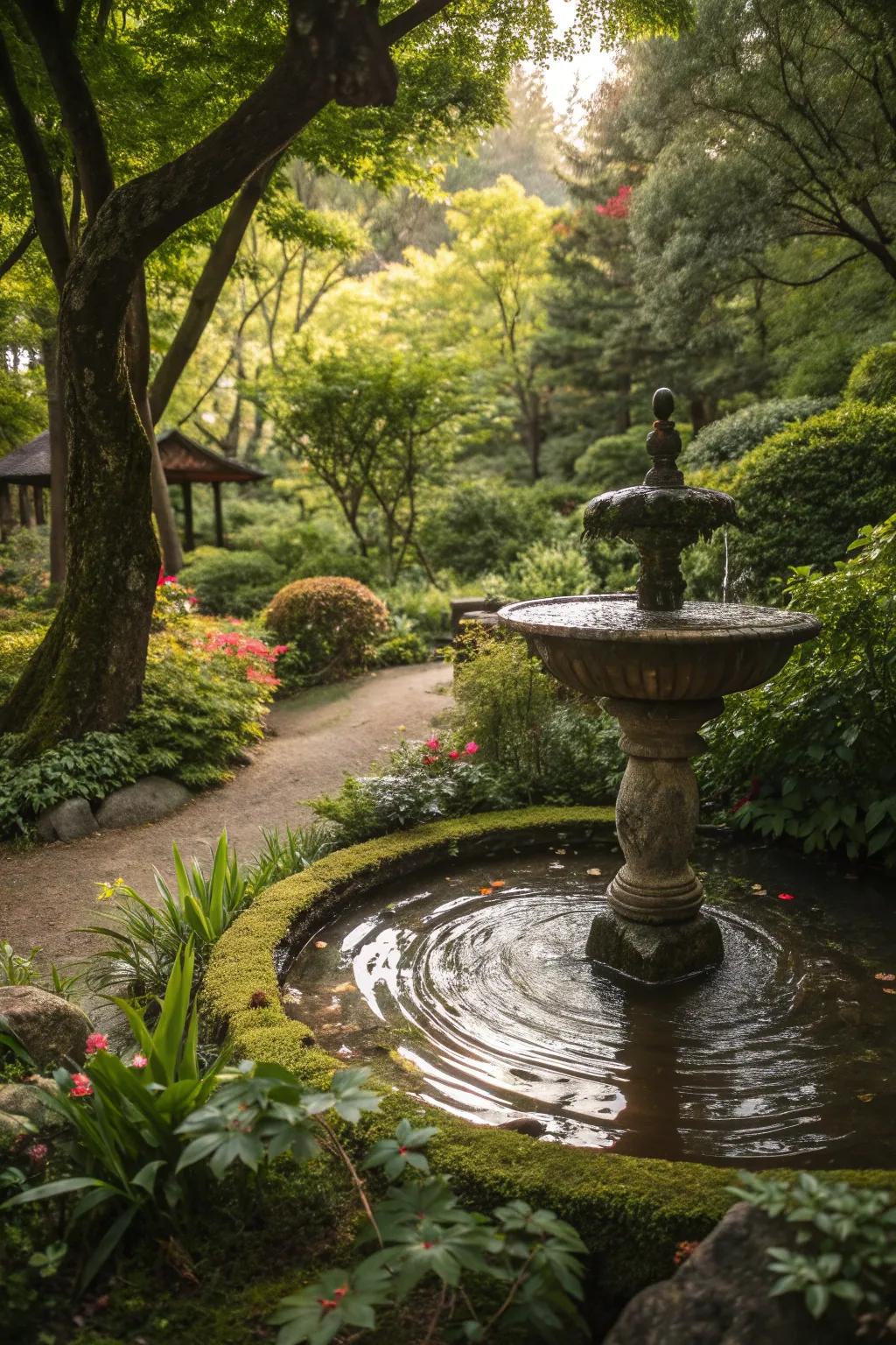 A small fountain providing soothing sounds in a lush meditation garden.