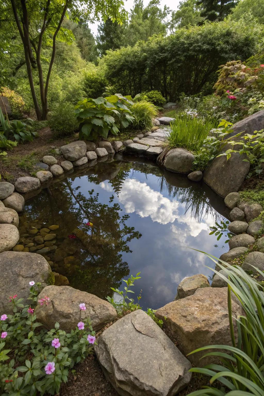 A reflective pool adding tranquility to a meditation garden.