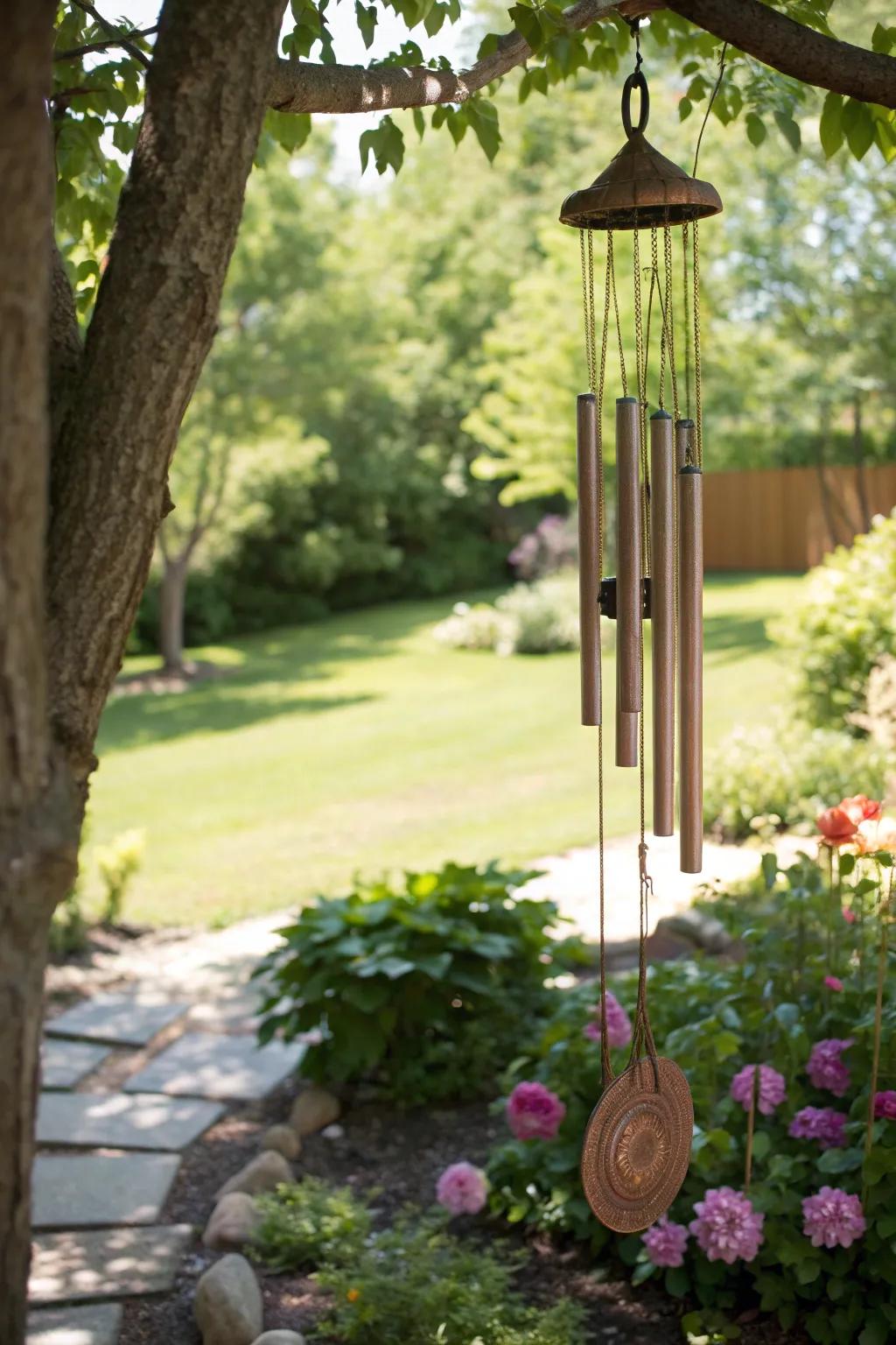 Wind chimes adding a gentle melody to a garden setting.