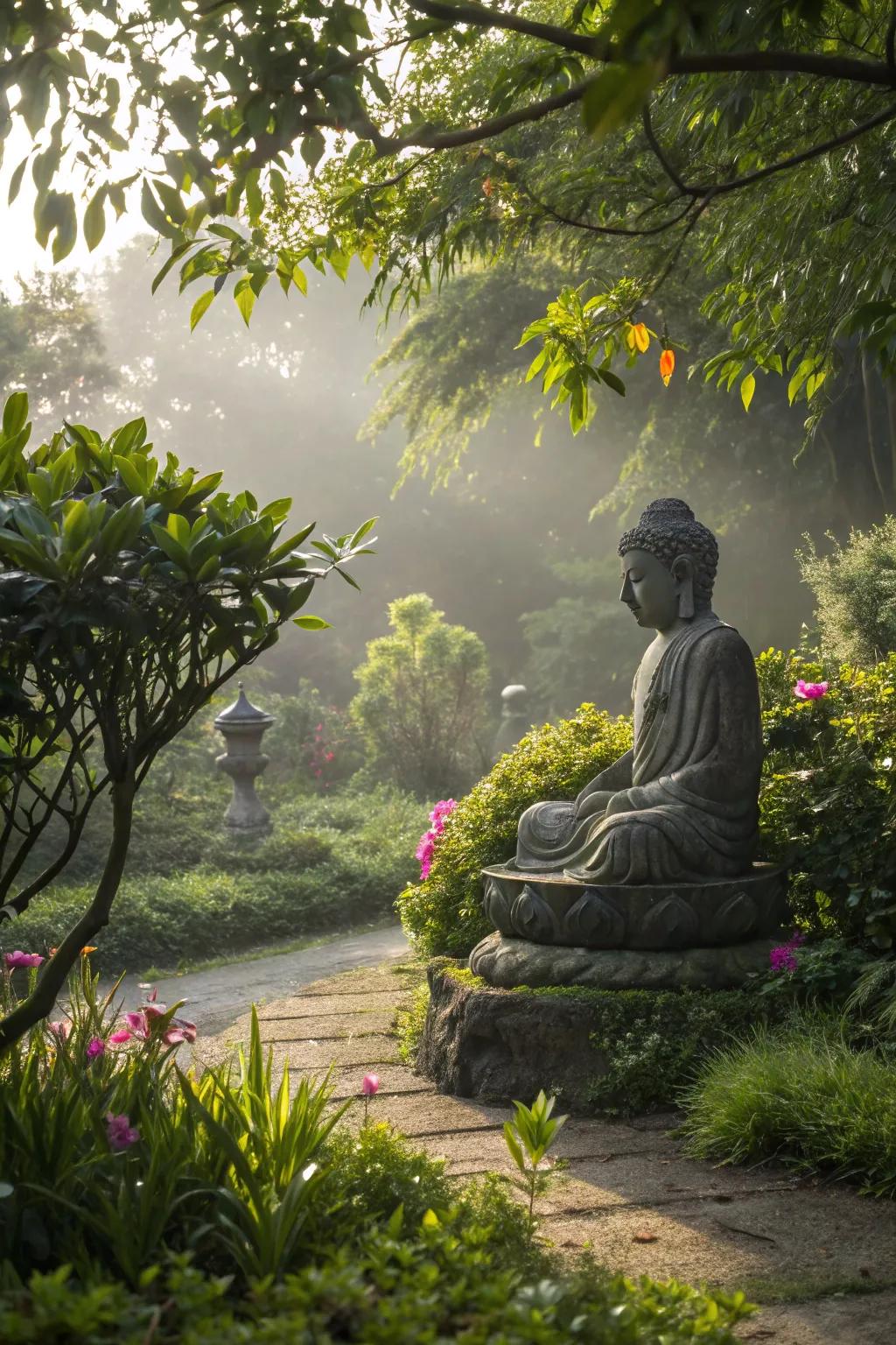 A Buddha statue adding spiritual ambiance to a meditation garden.
