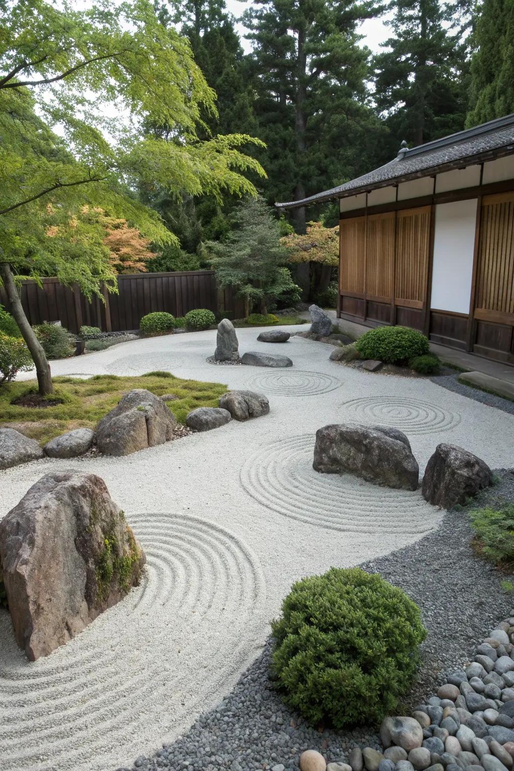 A minimalistic Zen rock garden featuring raked gravel and strategically placed rocks.