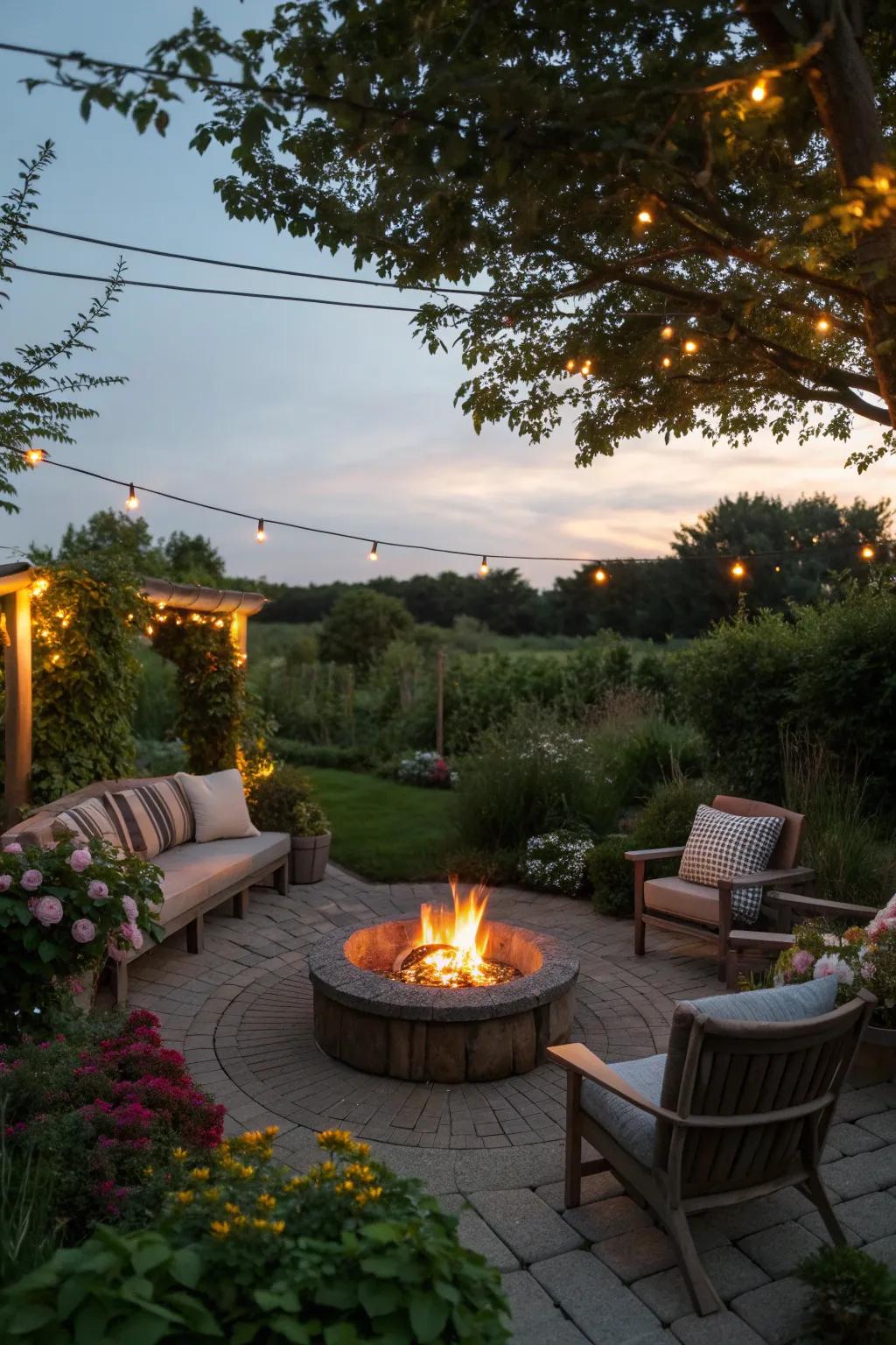 A cozy fire pit for warmth and ambiance in a meditation garden.