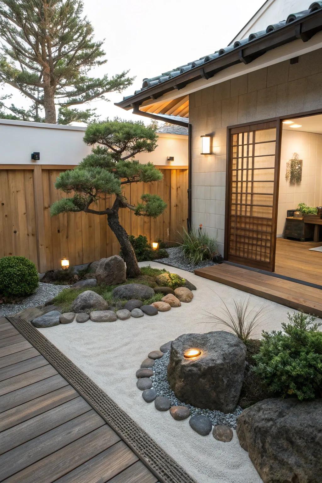 A Zen garden offers a serene spot for meditation and reflection.