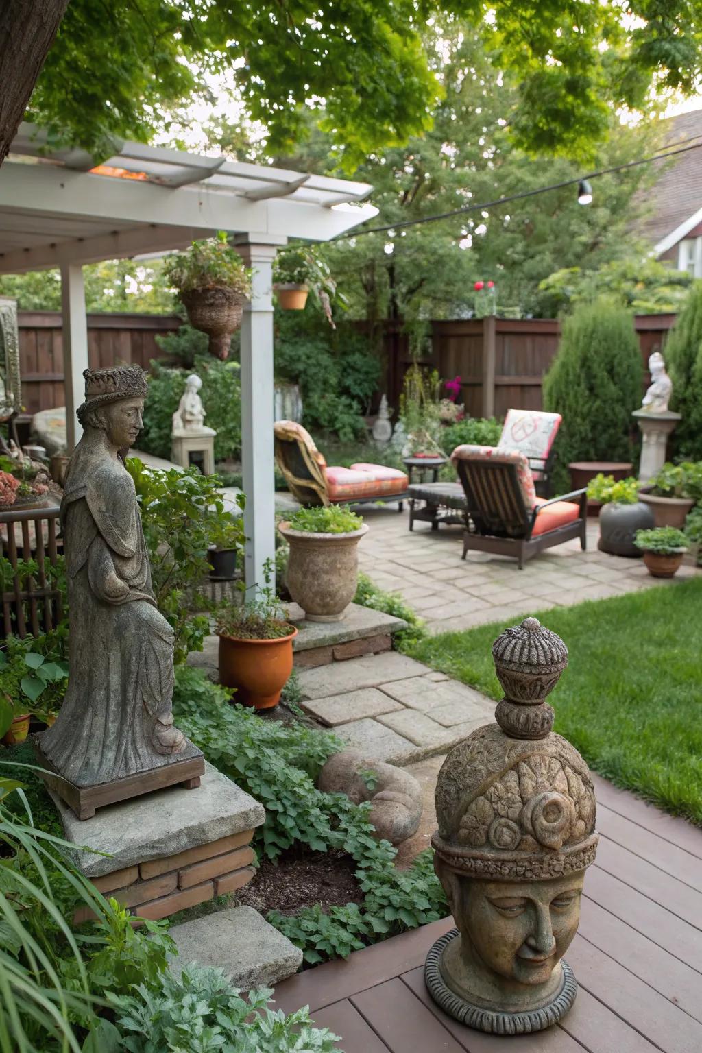 Artistic sculptures bring personality and interest to your patio.