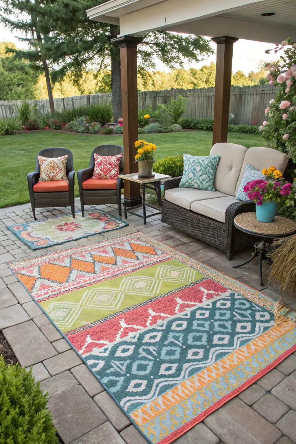 Outdoor rugs enhance comfort and define your patio space.