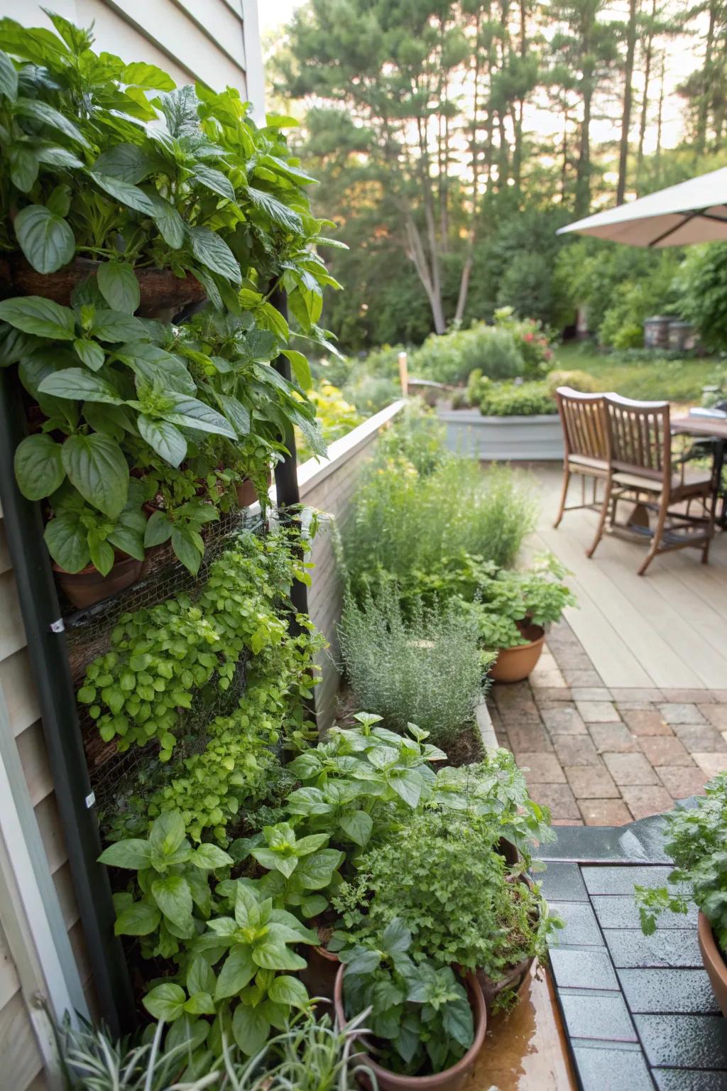 A vertical herb garden adds greenery and flavor to your patio.
