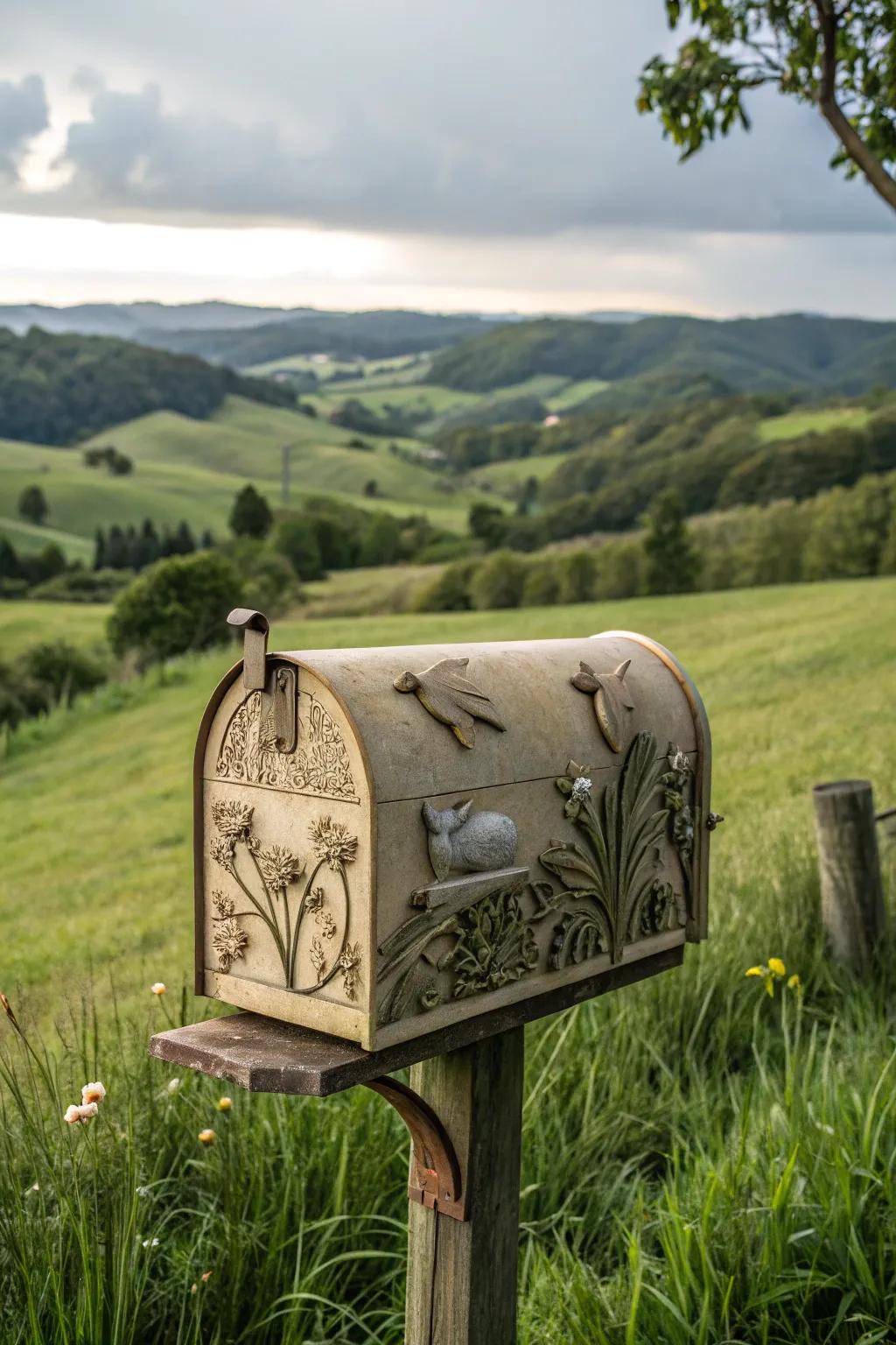 Mailbox featuring intricate carved animal designs.